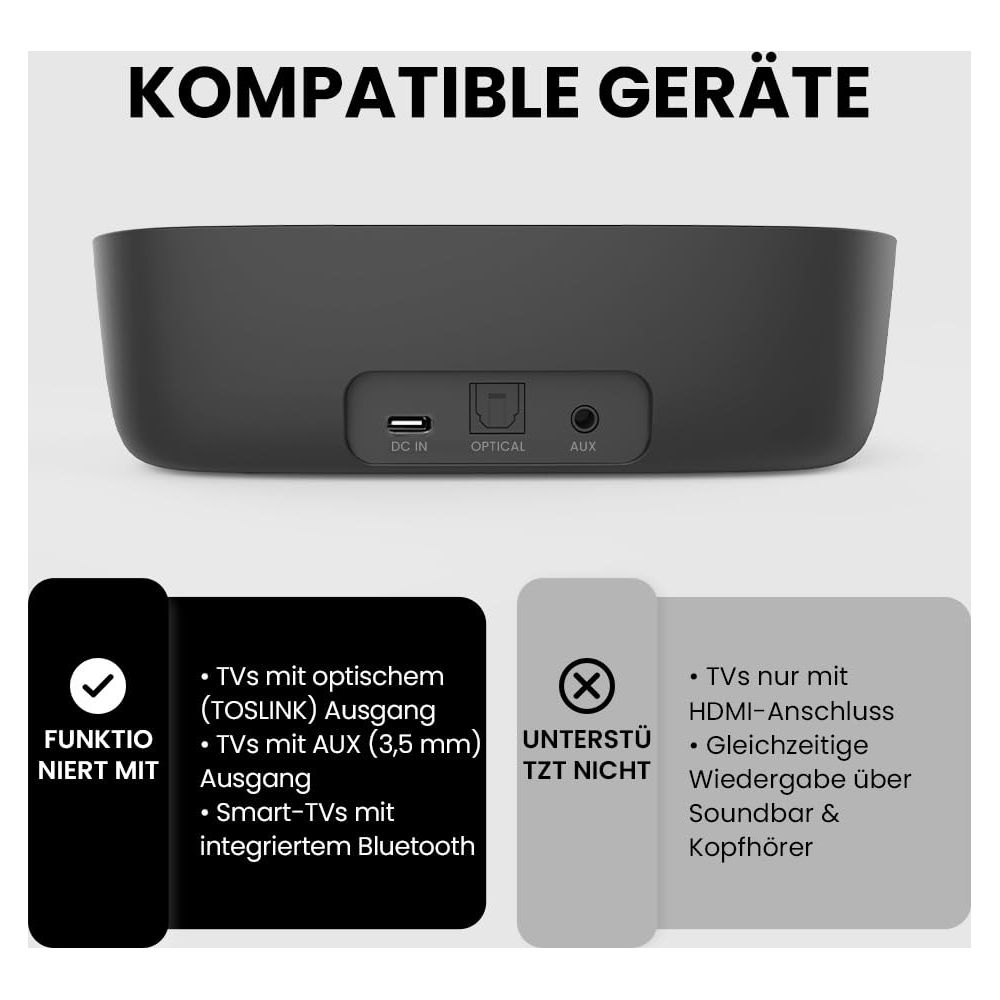 Gerät mit optischem/AUX-Ausgang und Bluetooth kompatibel. HDMI-Anschluss nicht unterstützt.
