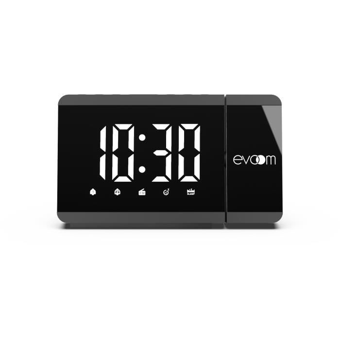 Una sveglia digitale mostra le 10:30. Icone di allarme, FM, snooze e sleep visibili.