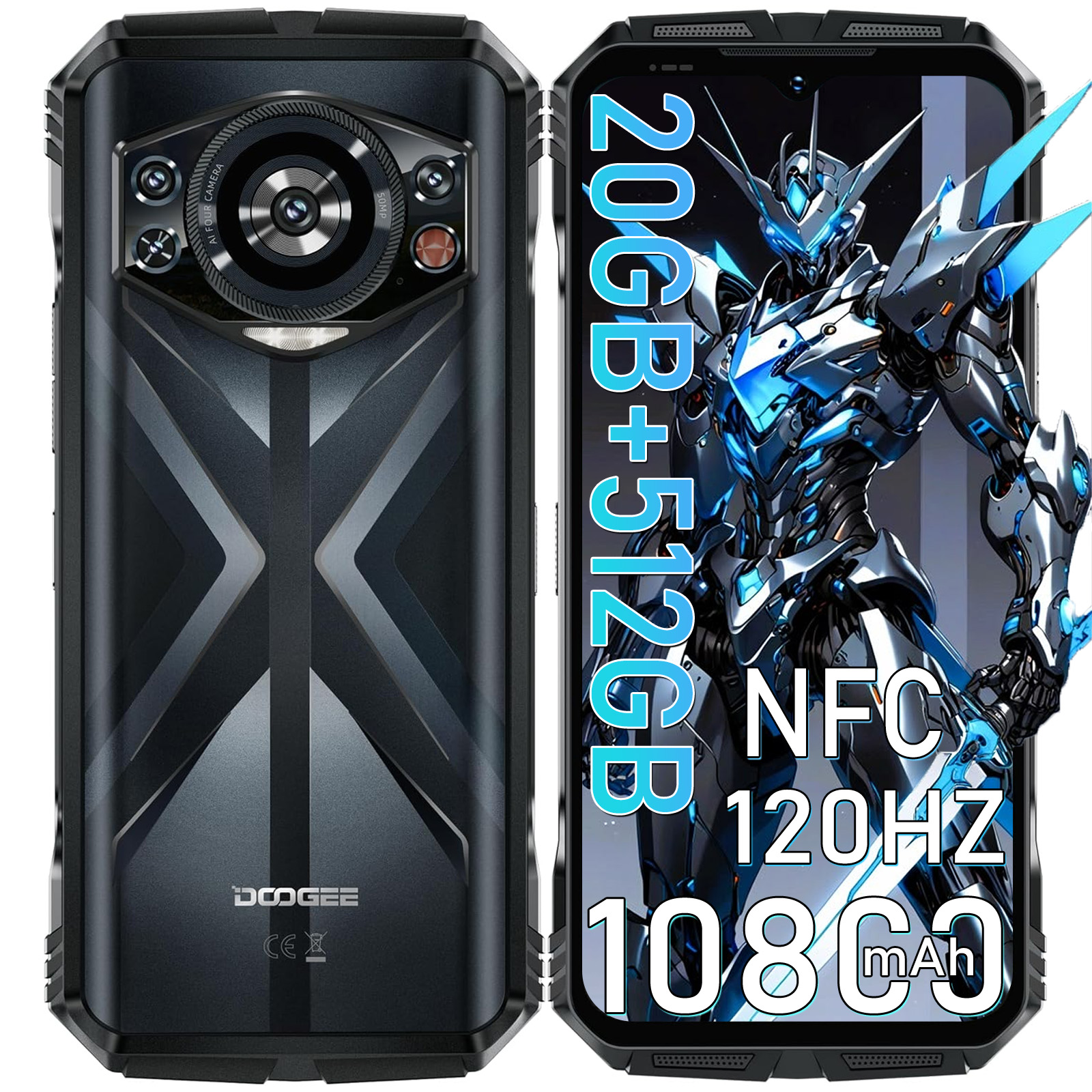 Un smartphone con parte trasera de cámara IA y pantalla de robot azul con especificaciones.