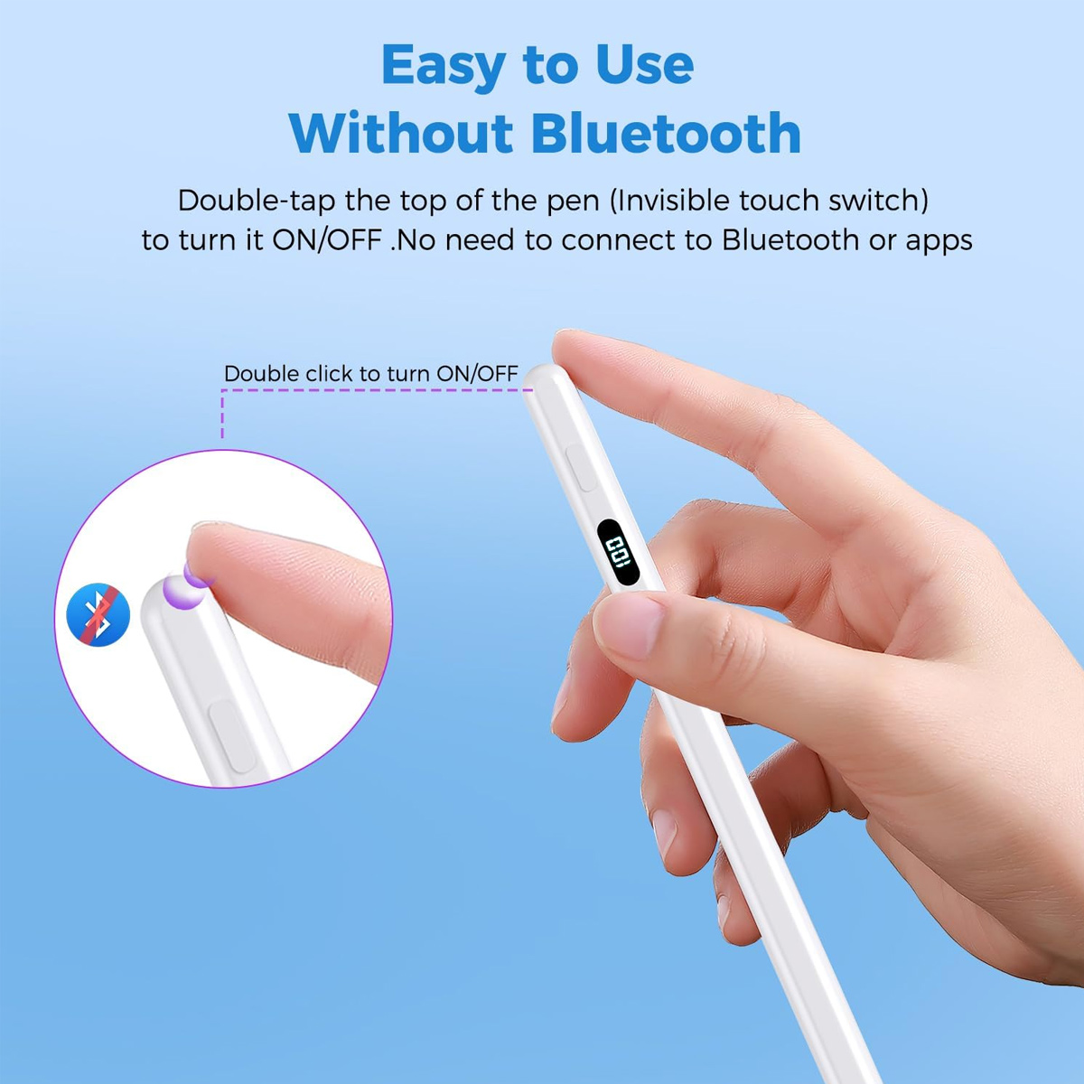 Eine Hand hält einen weißen Stift mit einem kleinen digitalen Display. Ein vergrößerter Kreis zeigt einen Finger, der auf die Spitze tippt.