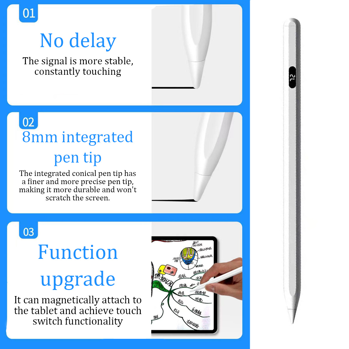 Ein weißer Stift mit einem digitalen Display und den Merkmalen 'Keine Verzögerung', '8mm integrierter Stiftspitze' und 'Funktions-Upgrade'.