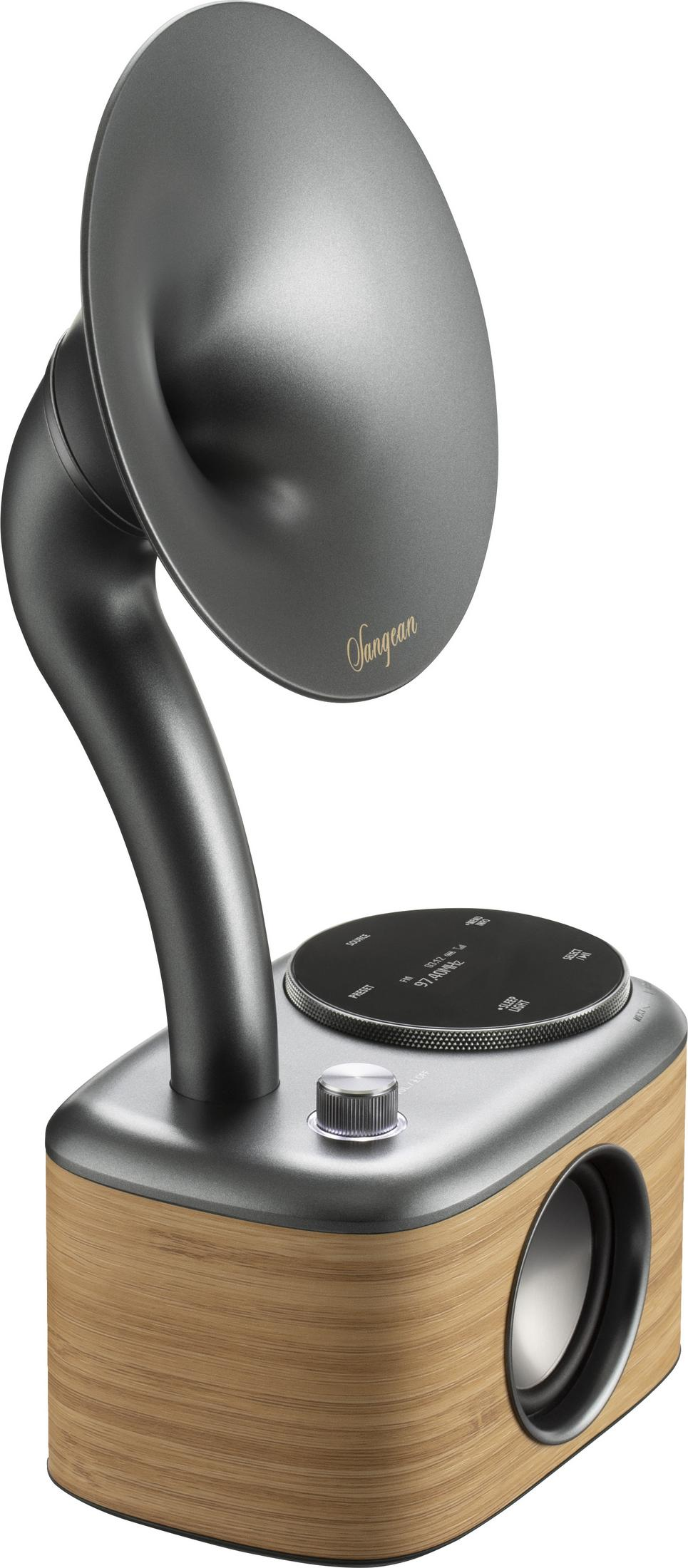 Una radio in stile vintage con base effetto legno, altoparlante a tromba grigio e display digitale.