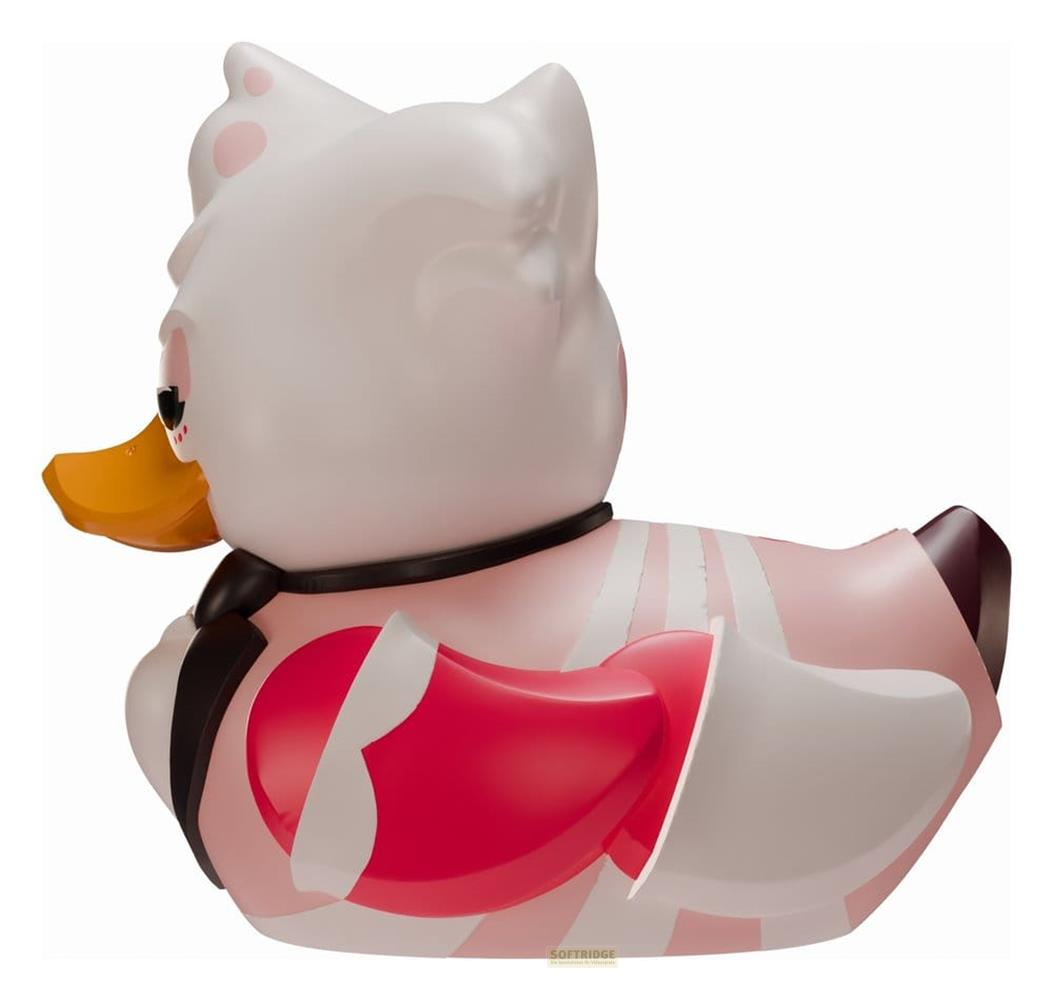 Eine weiße Gummi-Ente mit rosa Akzenten, schwarzem Kragen und rotem Detail.