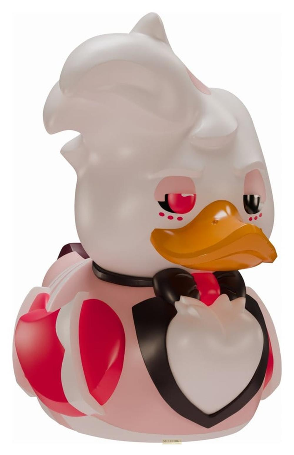 Eine weiße Ente mit orangefarbenem Schnabel, rosa Wangen und einem schwarzen Band.