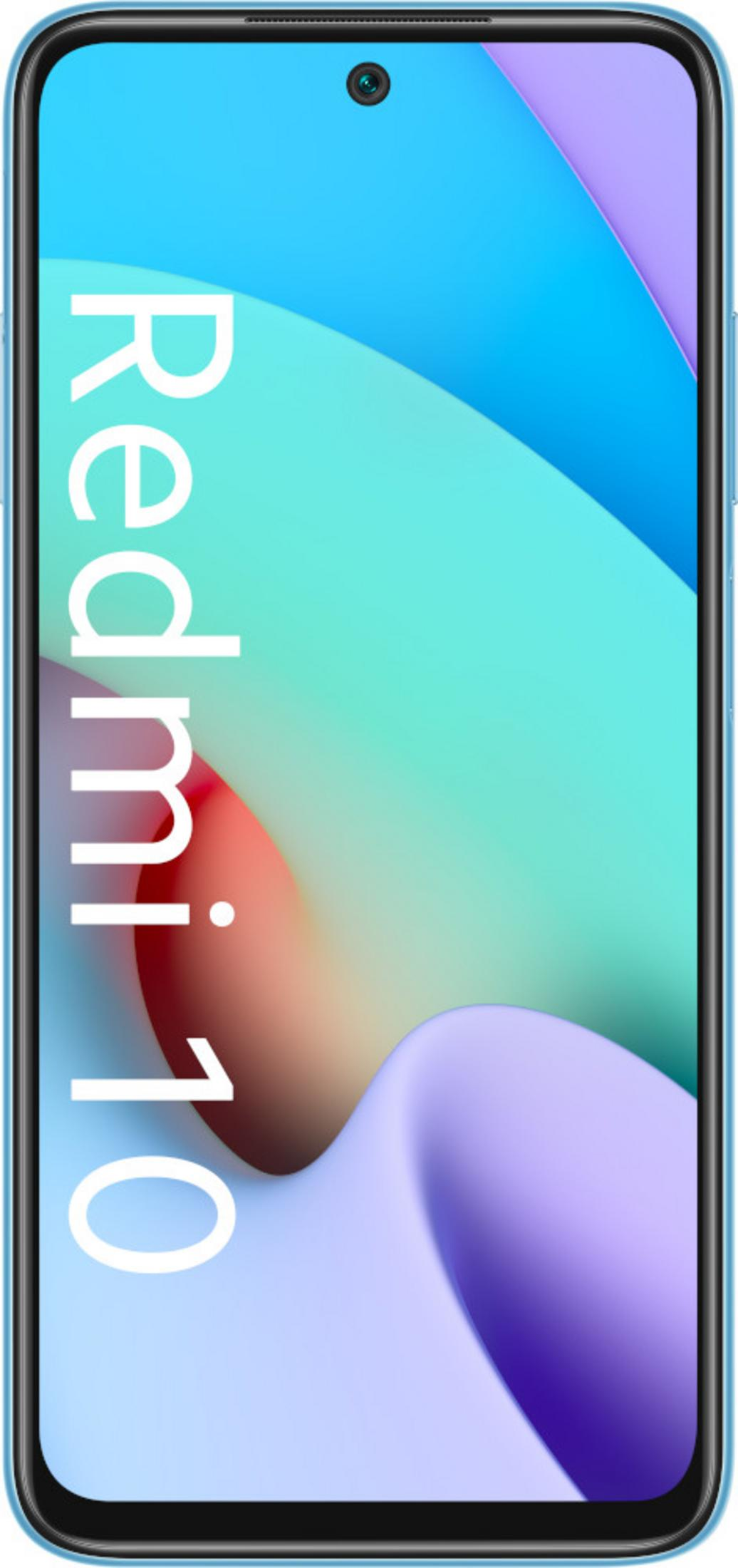 Ein hellblaues Smartphone mit dem Text "redmi 10" auf dem Bildschirm.