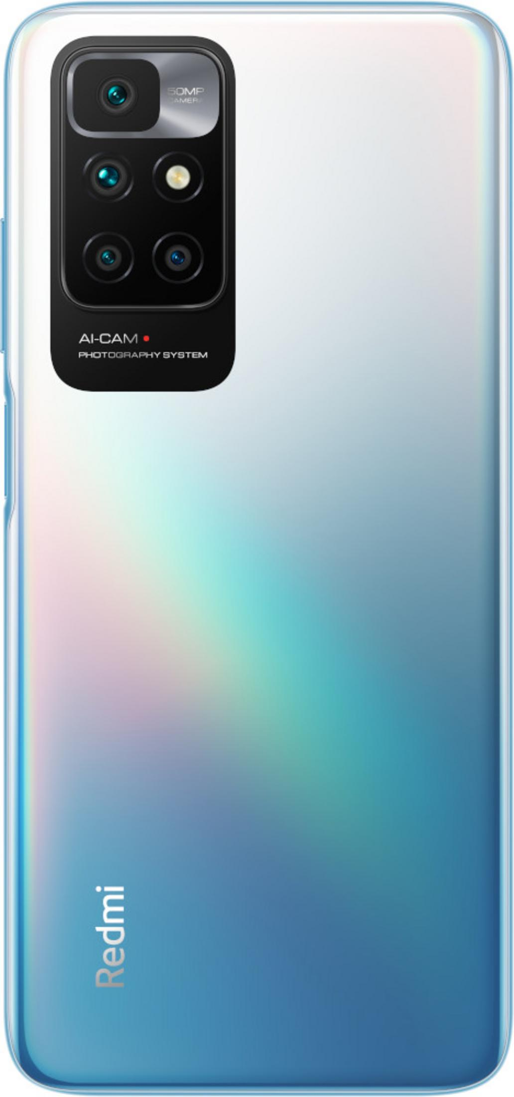 Rückseite eines weißen Smartphones mit vier Kameras und dem Redmi-Logo.