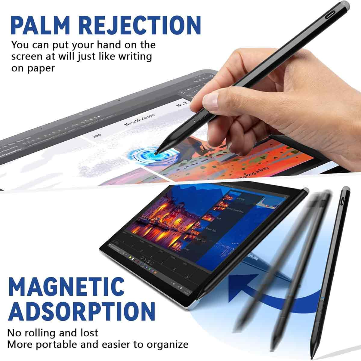 Stift auf Tablet-Bildschirm, Handflächenerkennung und magnetische Adsorption.