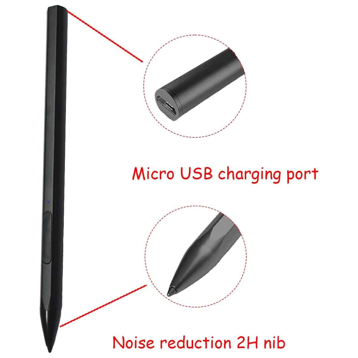 Schwarzer Stift mit Micro-USB-Anschluss und geräuschreduzierender 2H-Spitze.