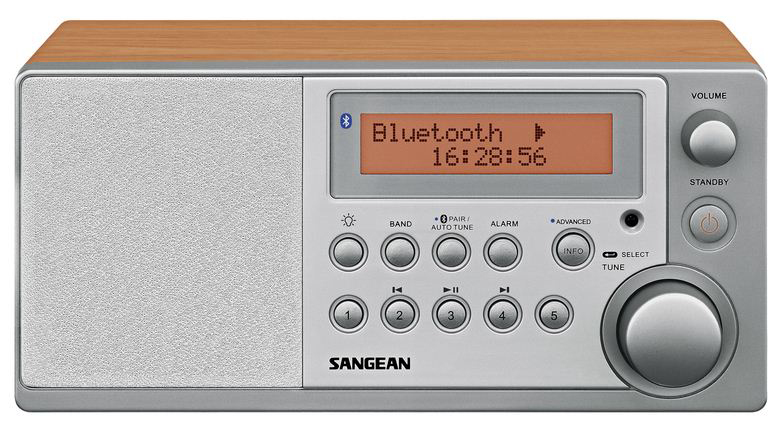 Ein Sangean Radio mit Holzoberfläche, silbernem Gehäuse, Display und Knöpfen.