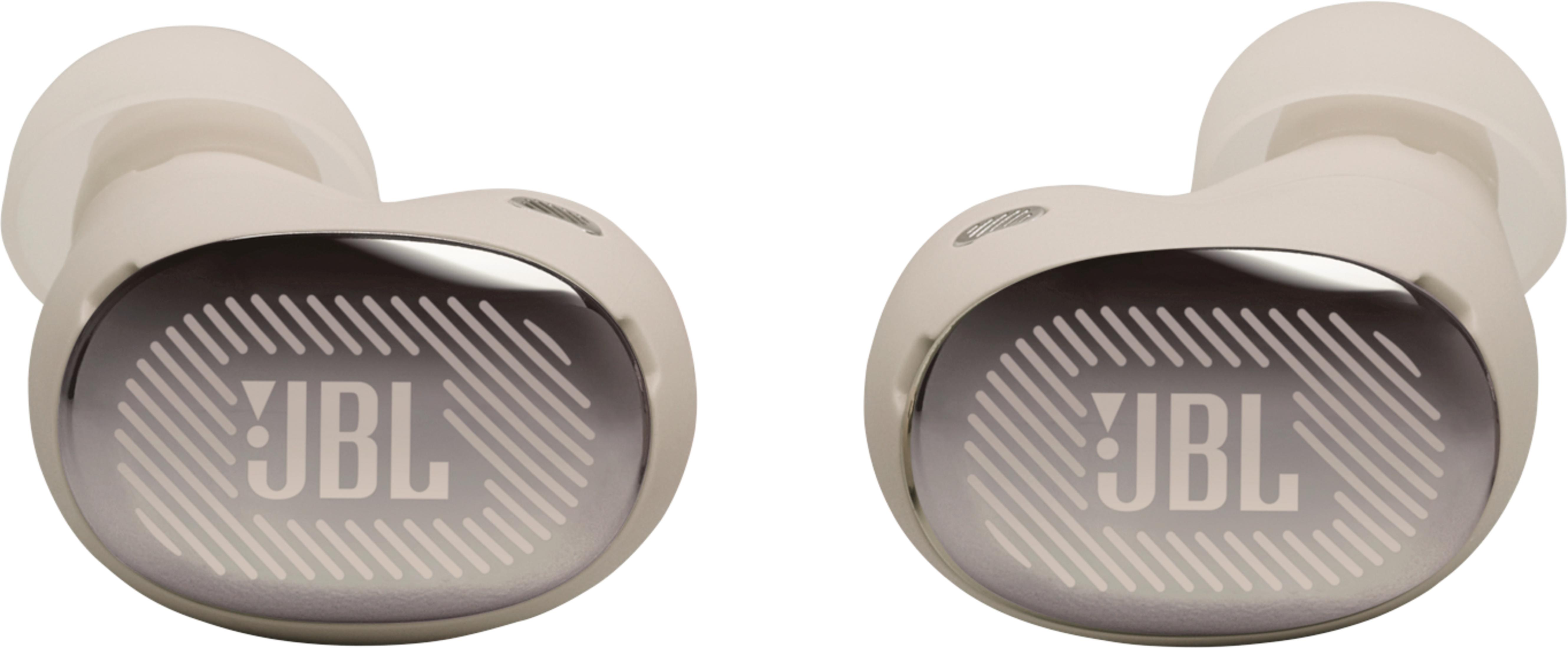 Due auricolari JBL bianchi con elemento argentato e logo JBL.