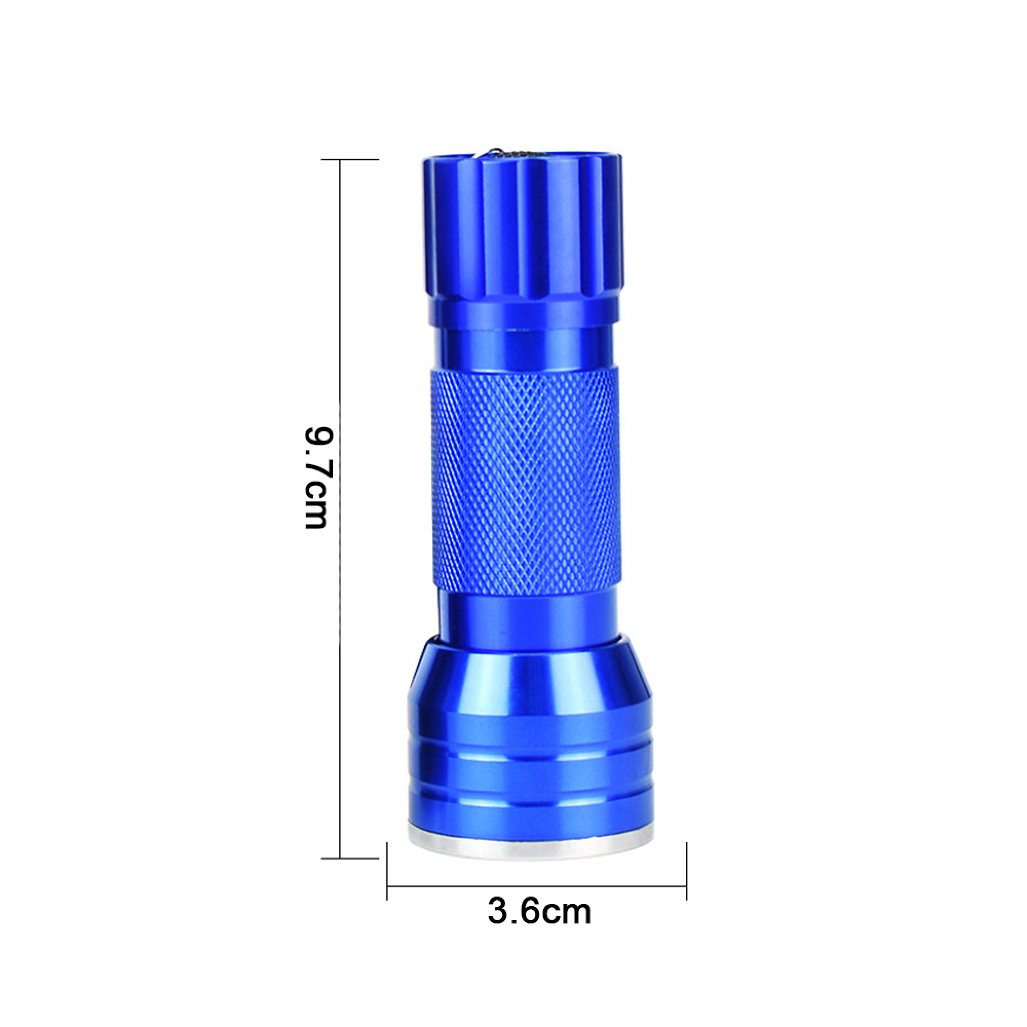 Eine blaue Taschenlampe mit gerilltem Griff und silbernem Ende auf weißem Hintergrund.