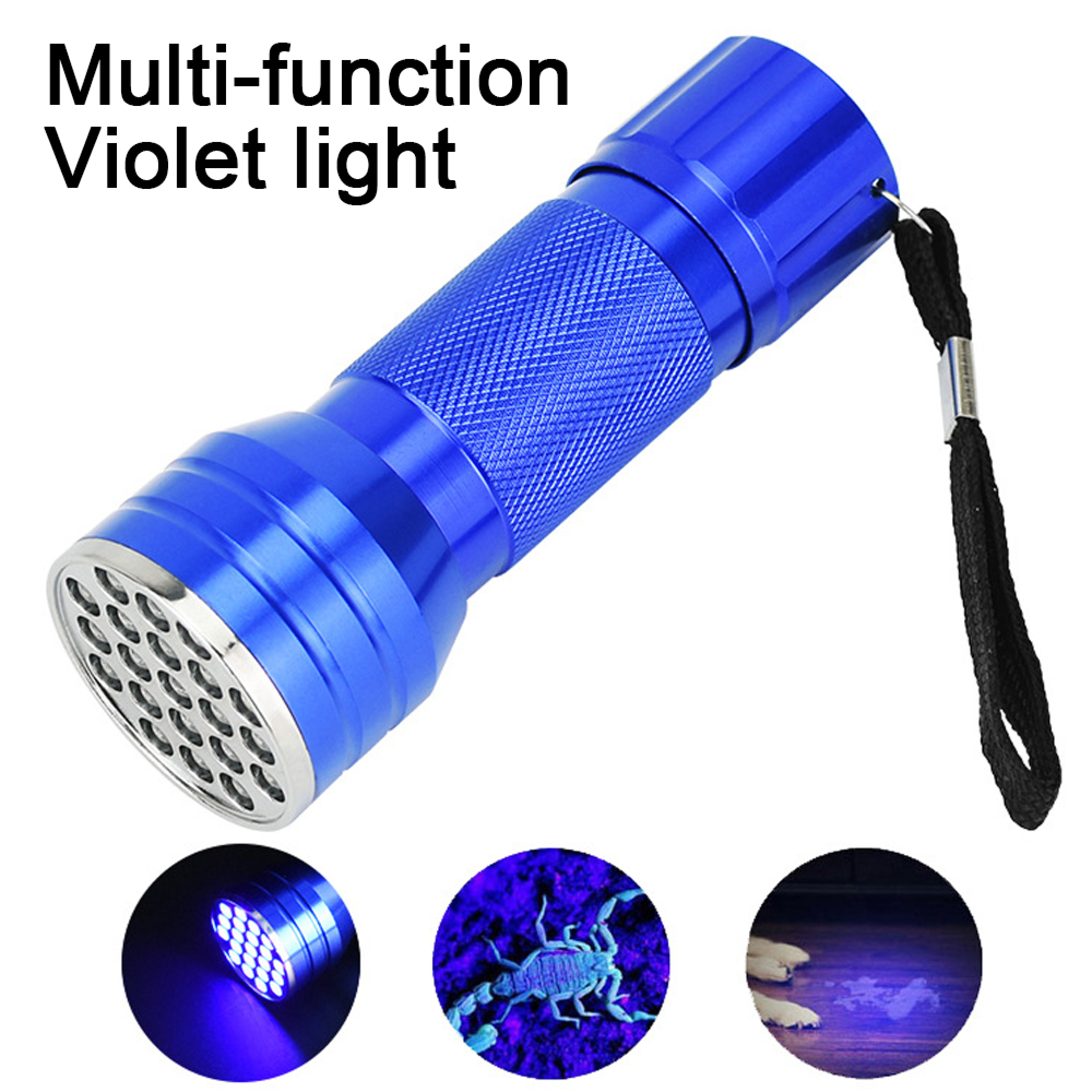Blaue UV-Taschenlampe zeigt Skorpion und Pfotenabdrücke auf Boden.