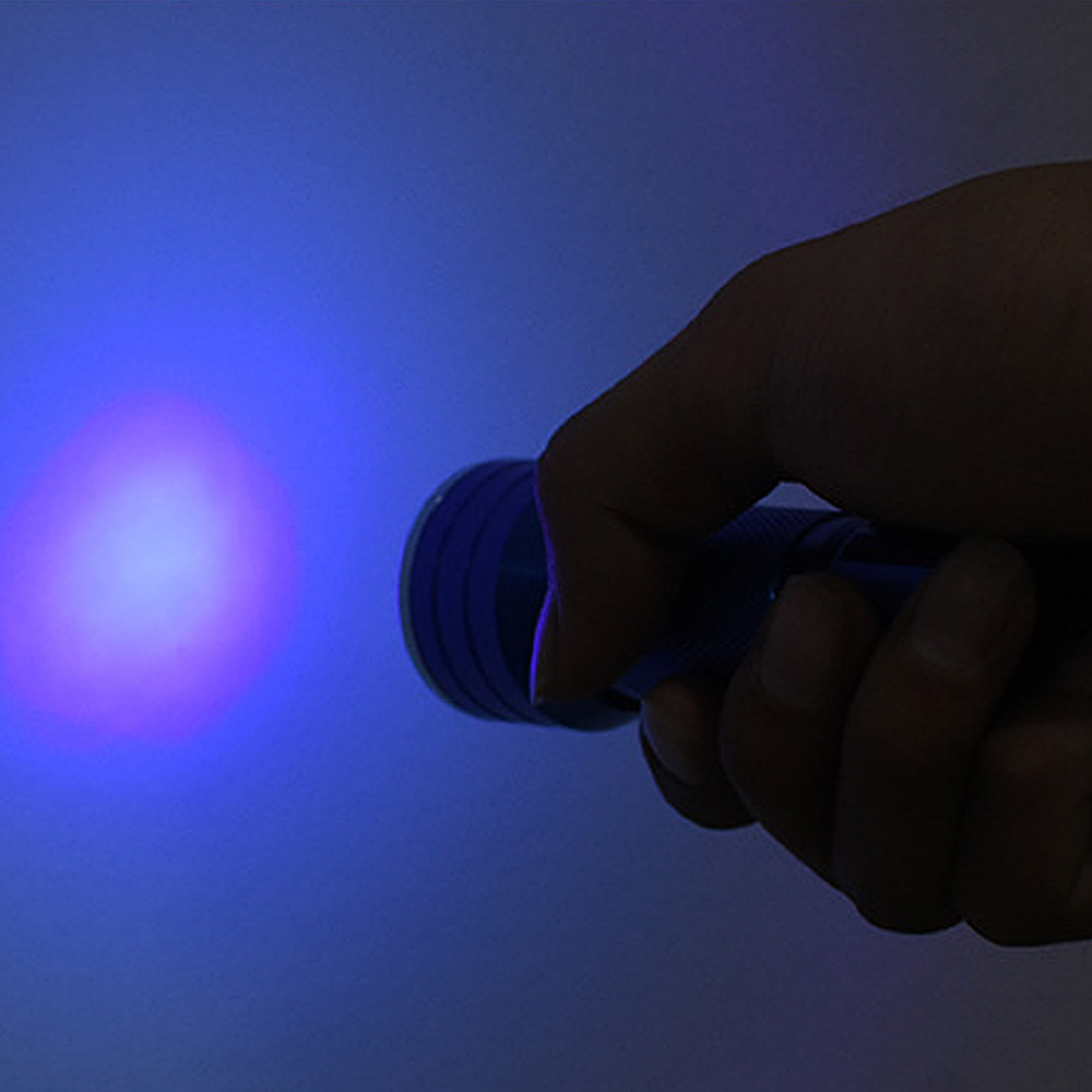 Hand hält eine blaue Taschenlampe, die einen violetten Lichtstrahl aussendet.