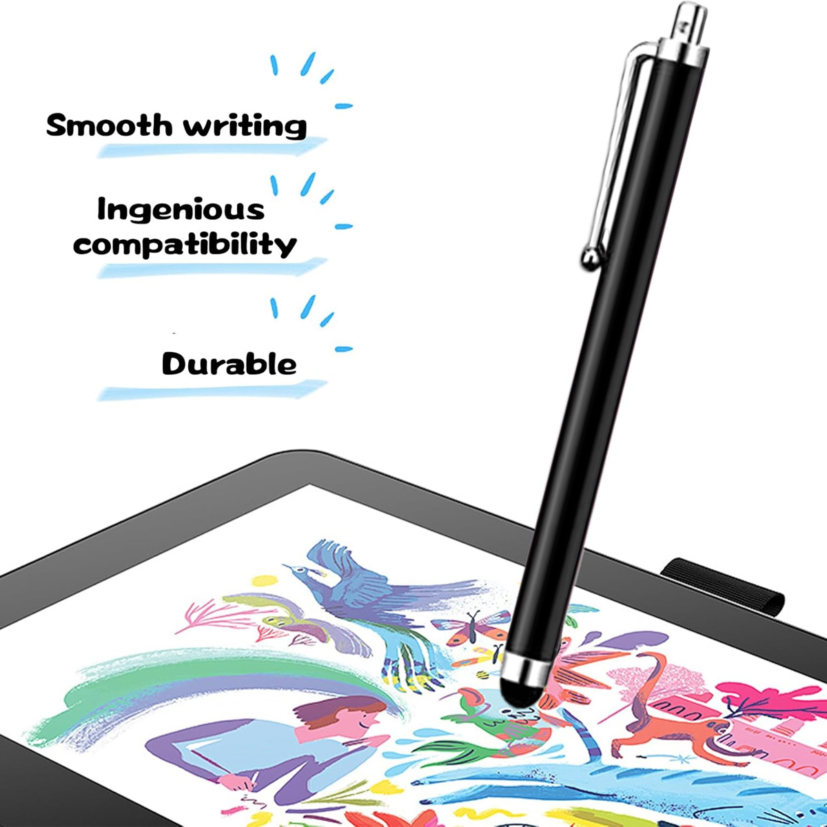 Ein schwarzer Stift liegt auf einem Tablet mit bunter Zeichnung.