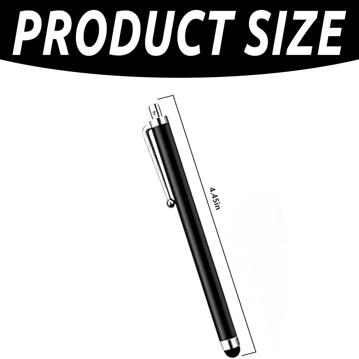 Schwarzer Eingabestift mit Clip, 4,45 Zoll lang, mit Text "PRODUCT SIZE".