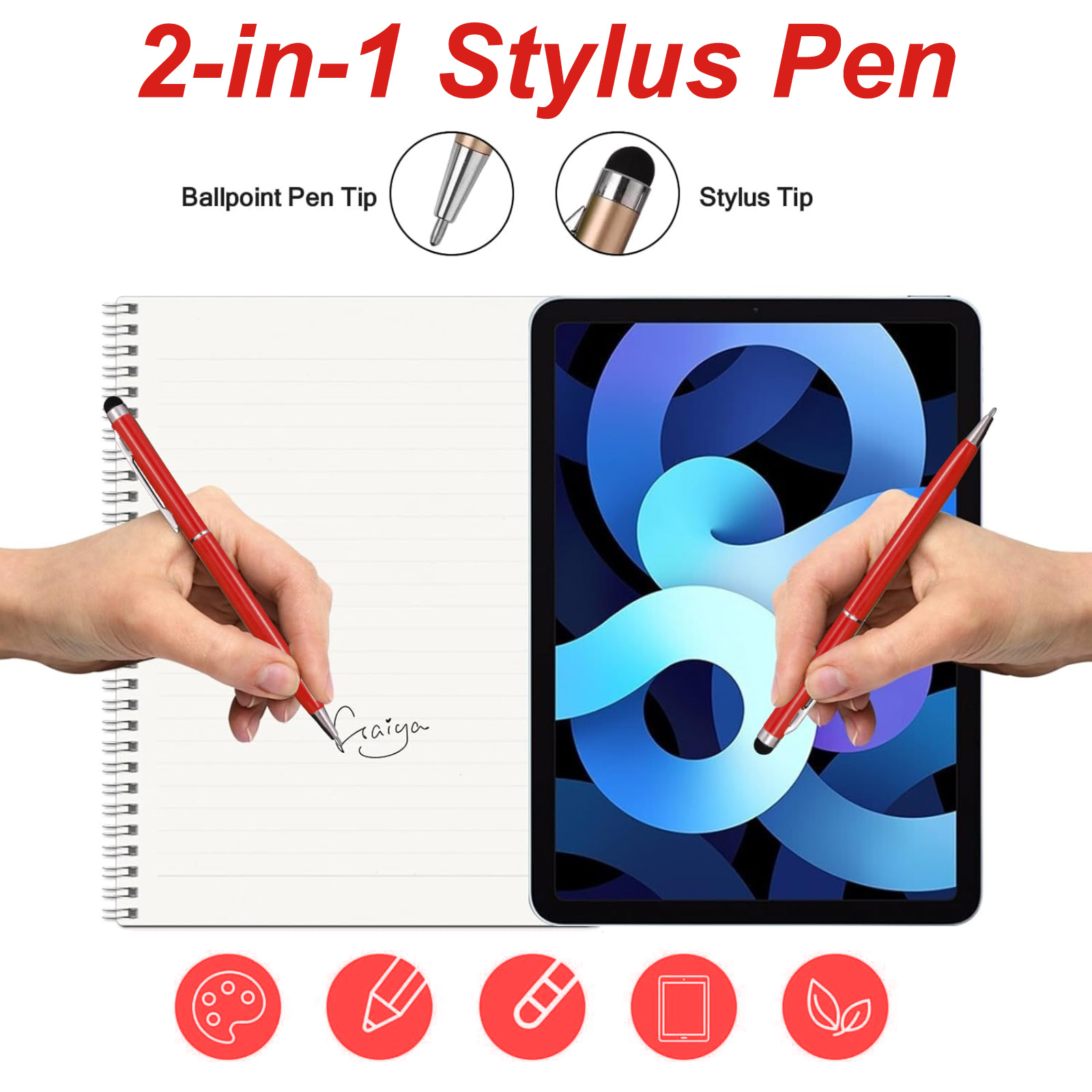 Hände benutzen rote Stylusstifte auf Notizbuch und Tablet. Symbole zeigen Kunst, Bleistift, Radiergummi, Tablet, Blätter.