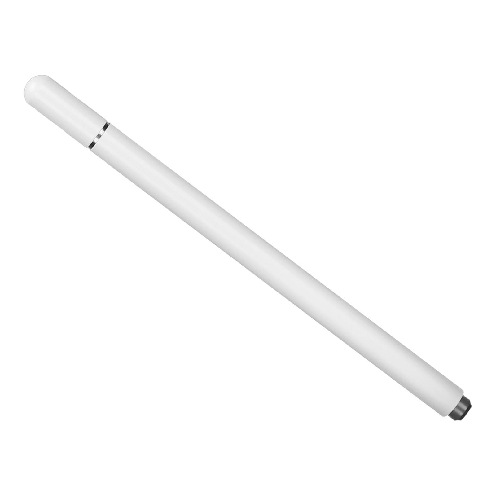 Ein schlanker weißer Eingabestift mit einem Silberband nahe der Oberseite und einem metallischen Ende.