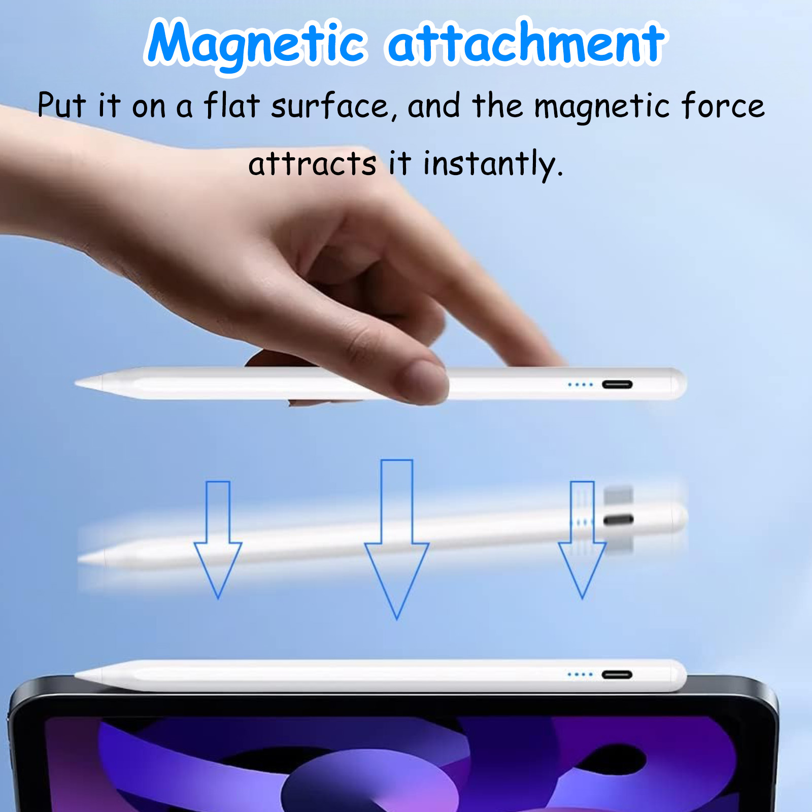 Eine Hand hält einen weißen Stift über einem Tablet, der magnetisch daran haftet.
