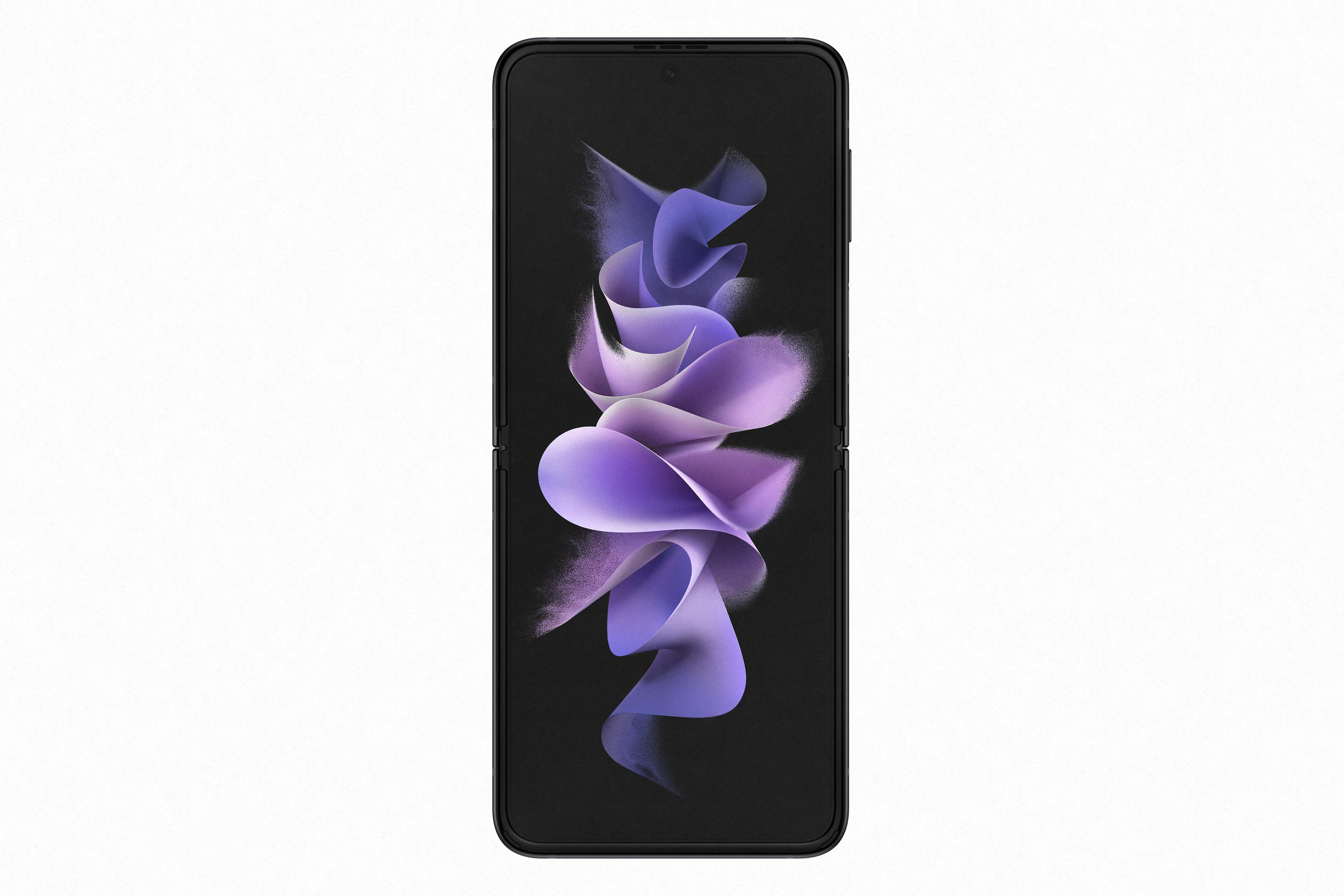 Ein geschlossenes Smartphone mit lila Muster auf dem Bildschirm.