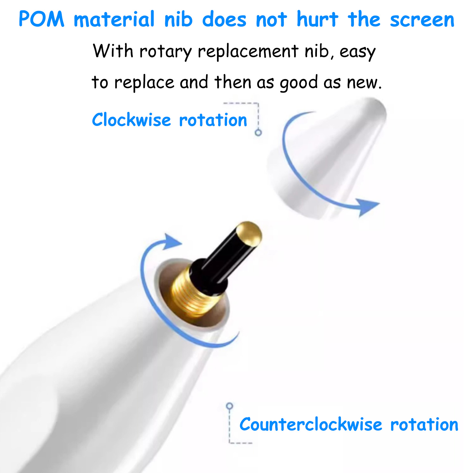 Ein weißer Stift mit goldenem Ende zeigt Drehmechanismus. Pfeile zeigen Rotation.