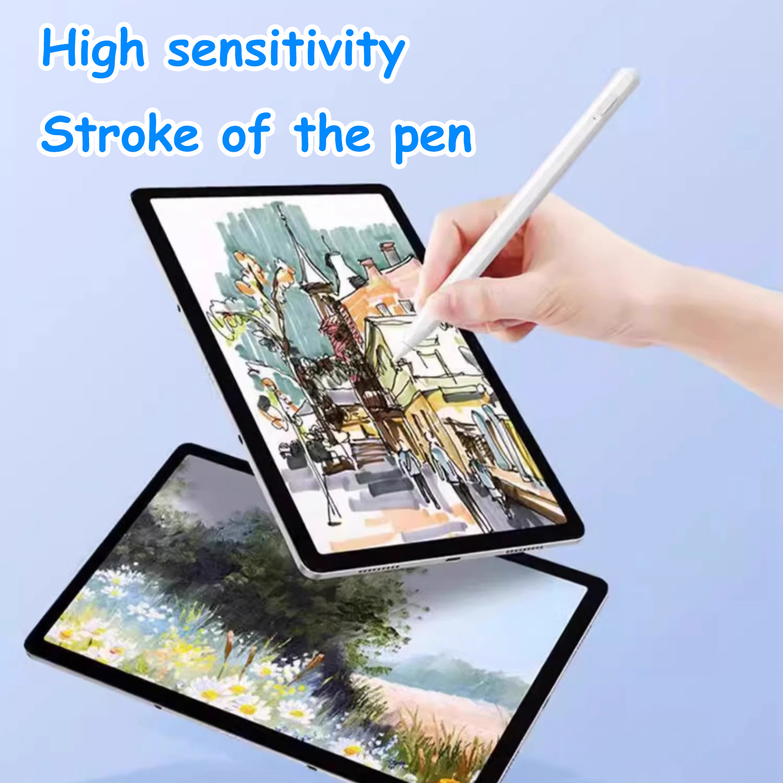Hand mit Stift zeichnet auf Tablet; darunter ein anderes Tablet mit Blumenbild.