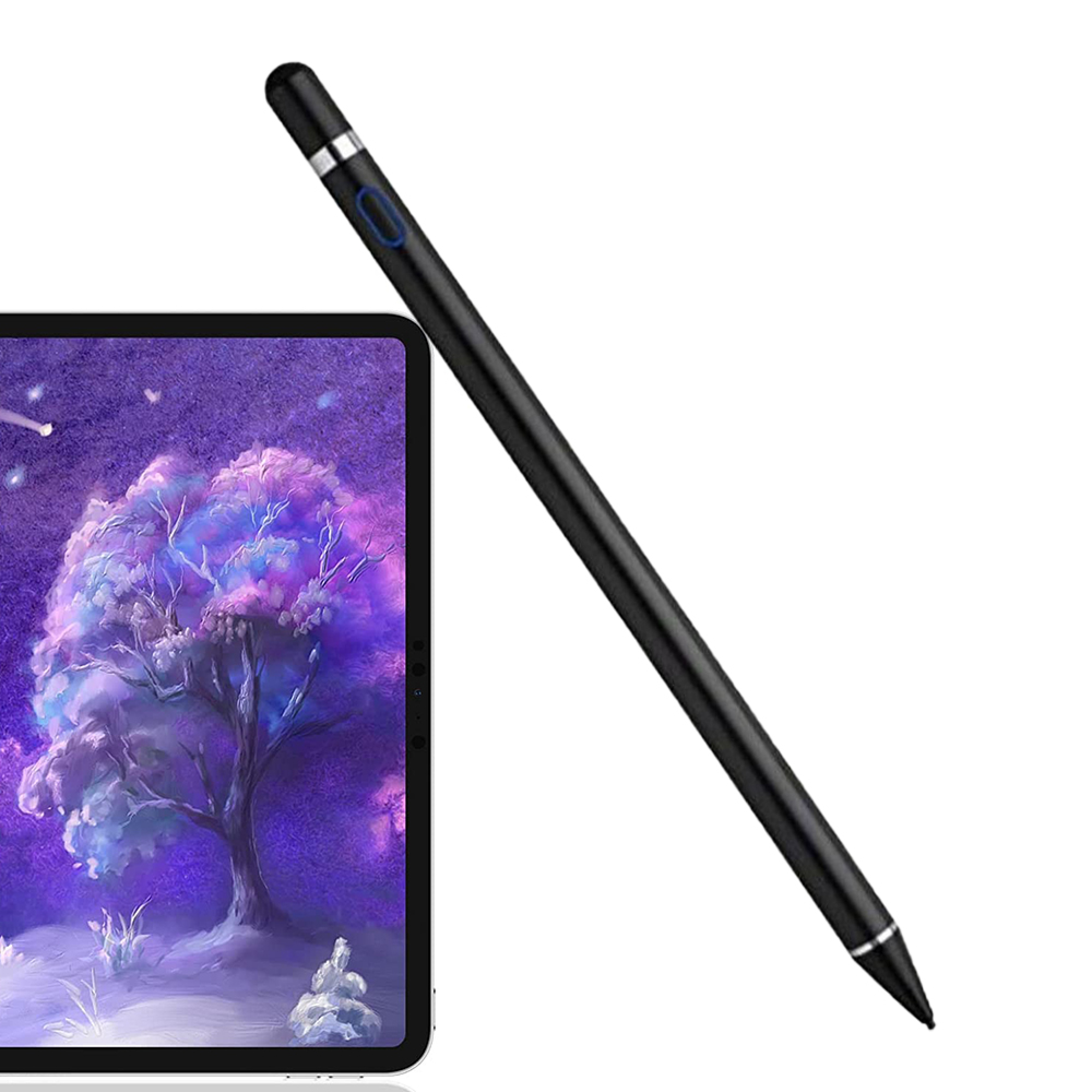 Ein schwarzer Stift liegt neben einem Tablet mit einem lila Baum auf dem Bildschirm.