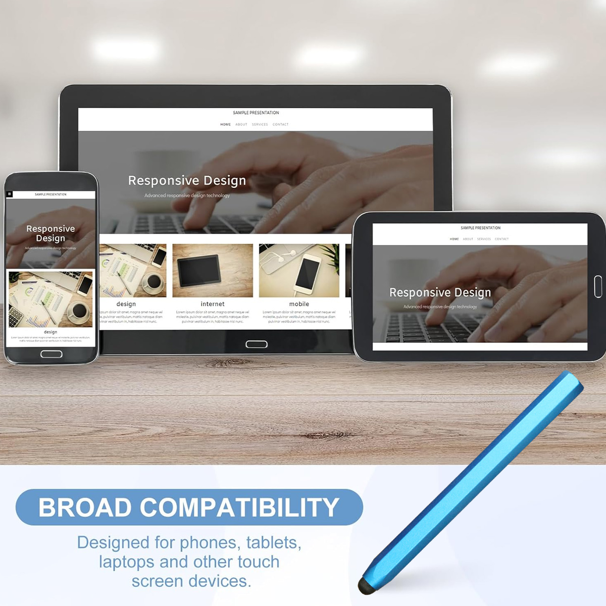 Handys, Tablets zeigen responsives Design. Blauer Stift im Vordergrund.