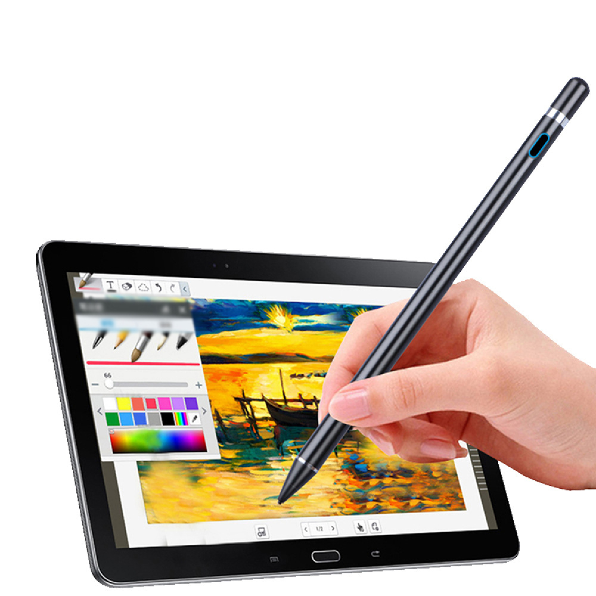 Ein digitaler Stift wird verwendet, um auf einem Tablet zu malen. Eine bunte Landschaft ist auf dem Bildschirm zu sehen.