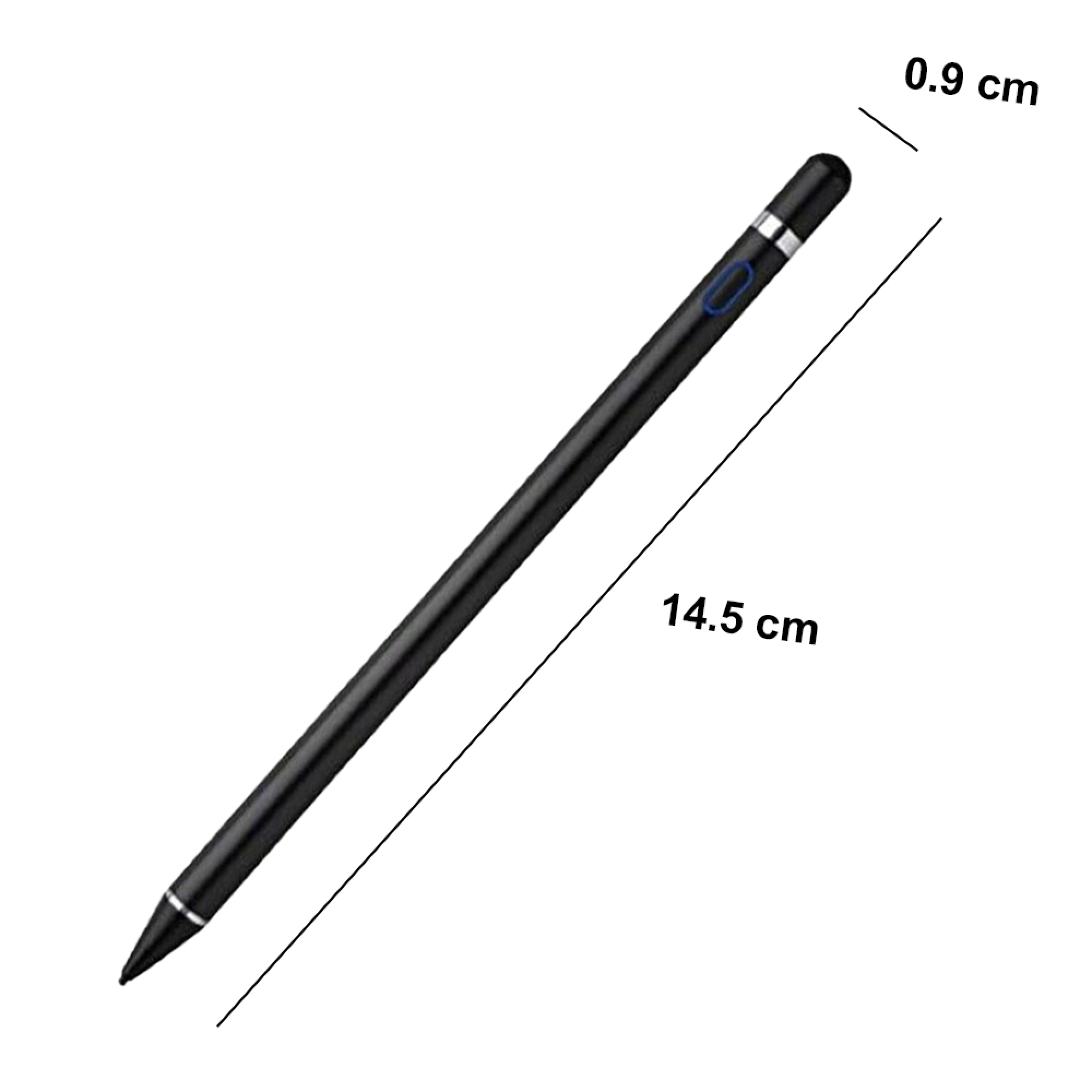 Schwarzer Stift, 14,5 cm lang, 0,9 cm breit, mit blauer Taste.