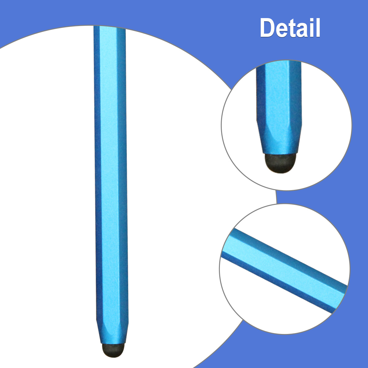 Ein blauer Stift mit einem schwarzen Touchscreen-Stiftende, im Detail gezeigt.