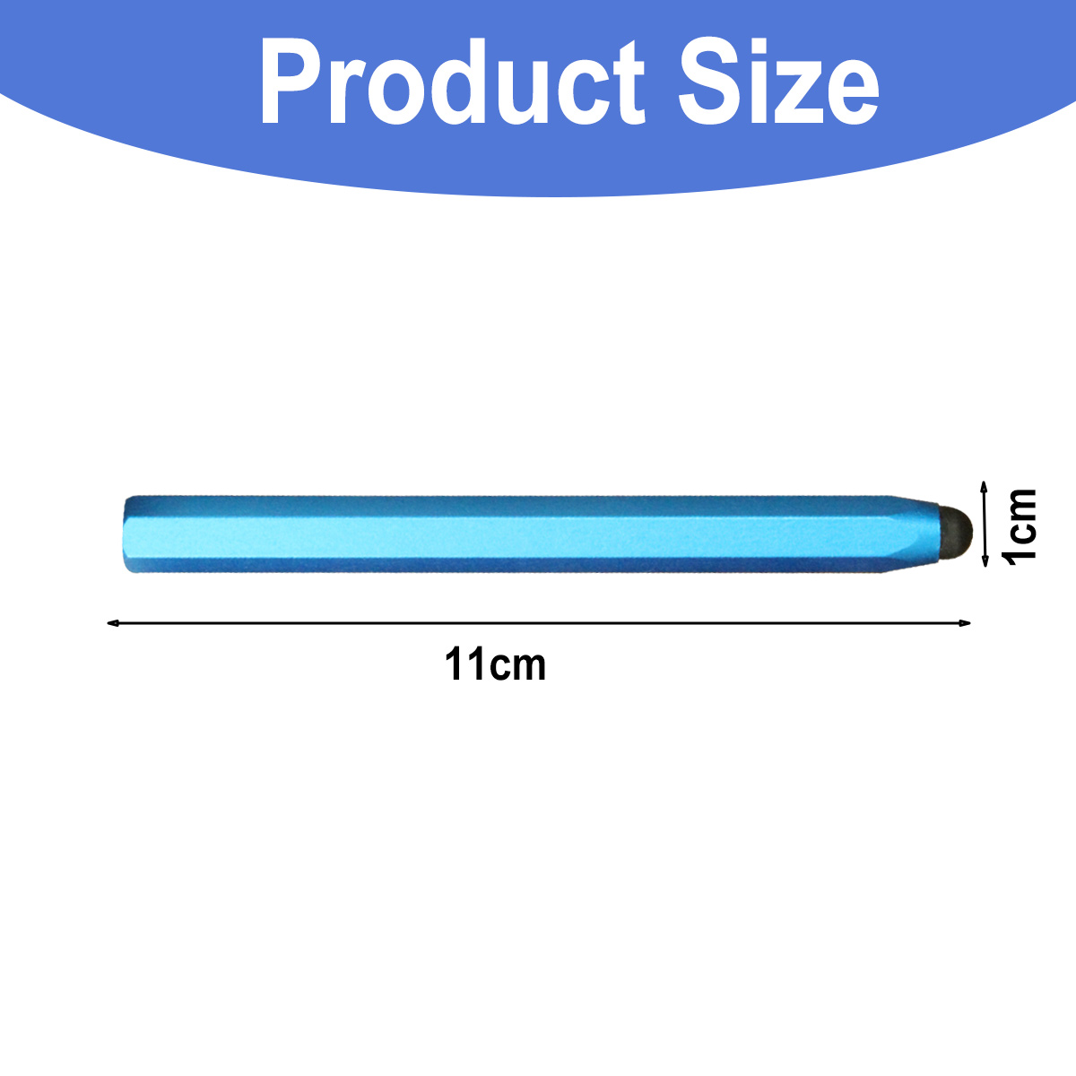 Ein blauer Stift ist 11 cm lang und 1 cm breit.