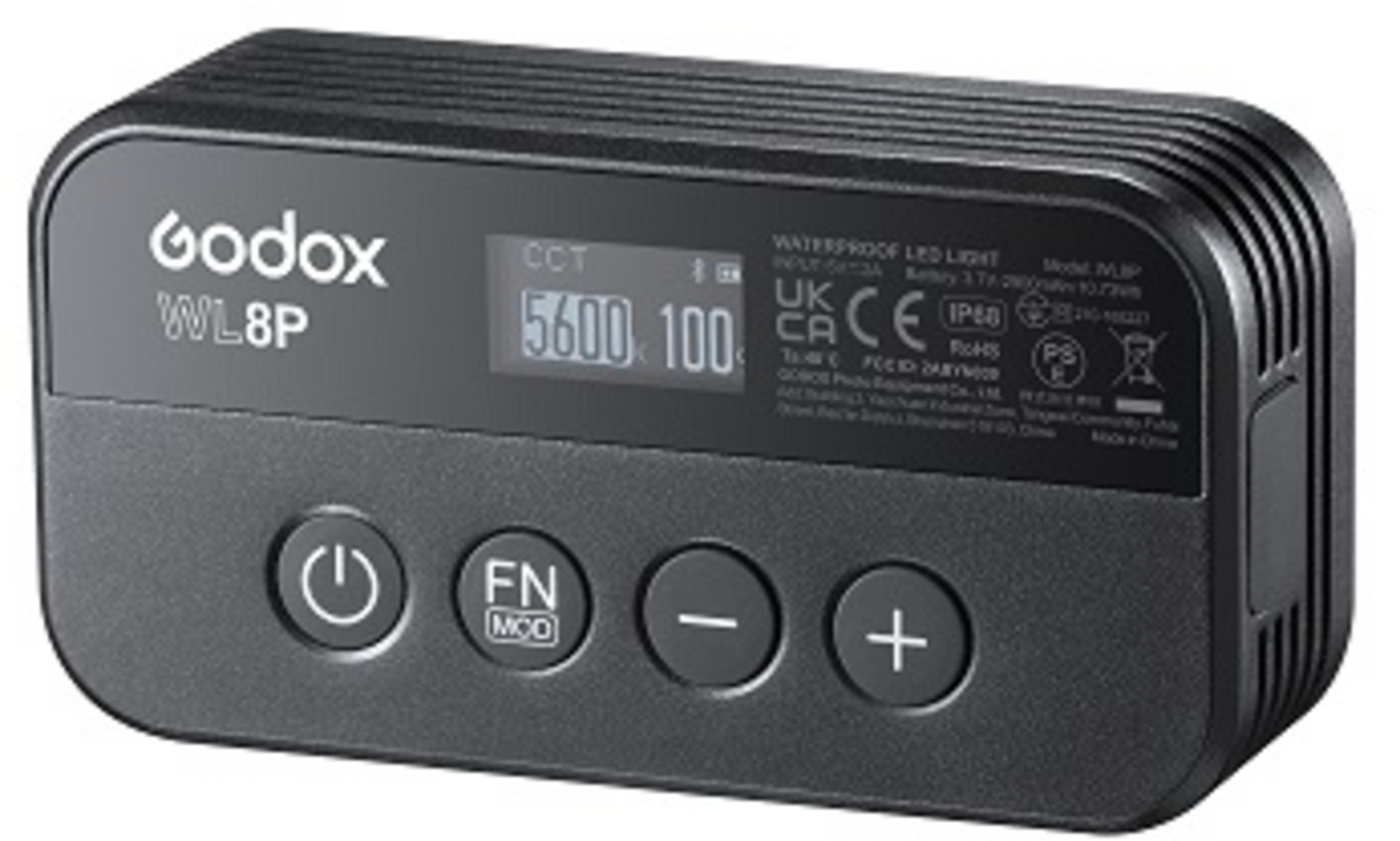 Ein schwarzes Godox WL8P LED-Licht mit Bildschirm und Tasten.
