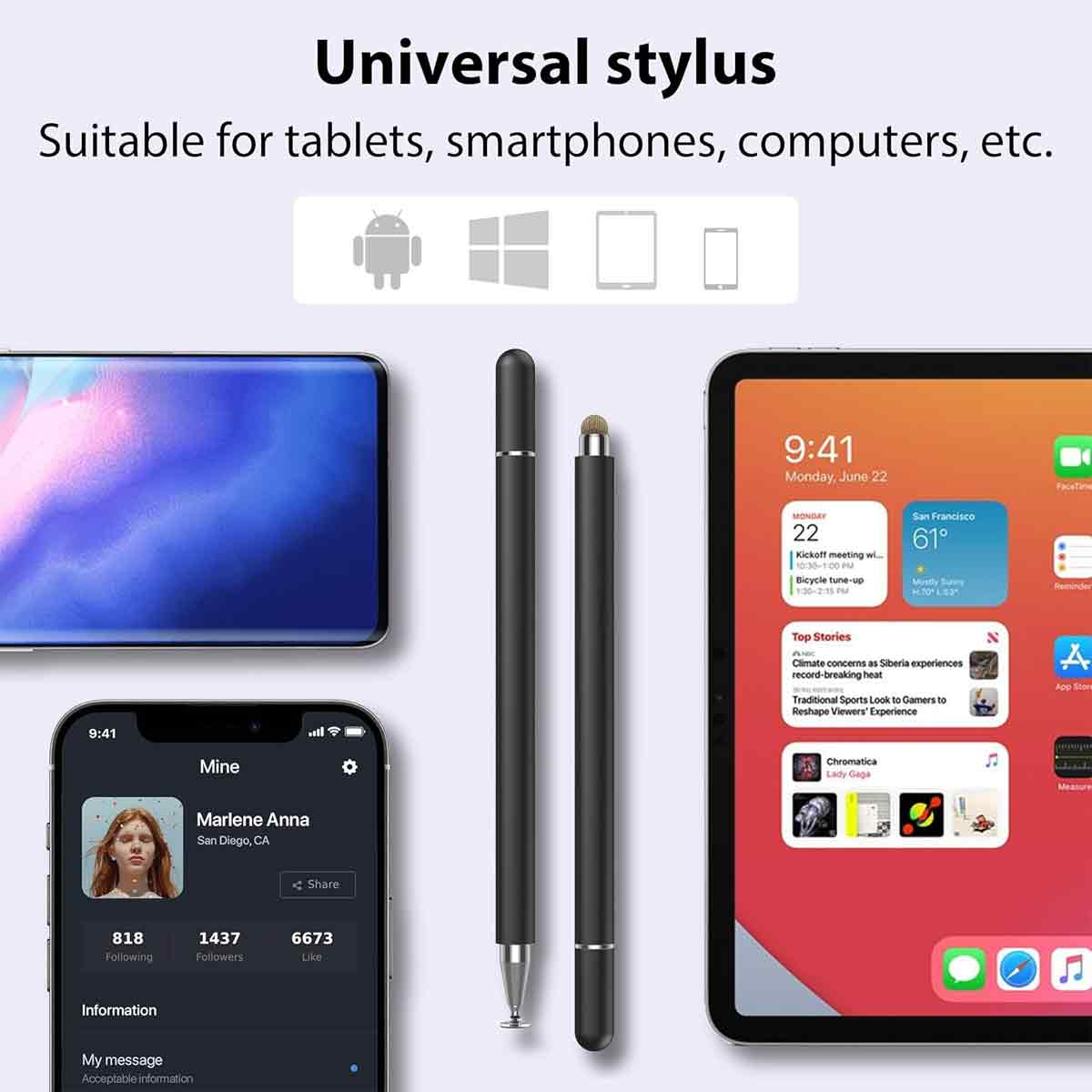 Zwei schwarze Stifte liegen neben einem Smartphone und einem Tablet.