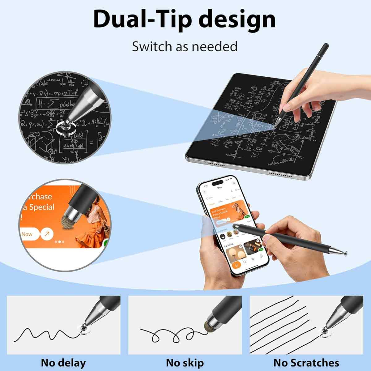 Stylus auf Tablet & Smartphone; Notizen & Linien. Dual-Tip Design.