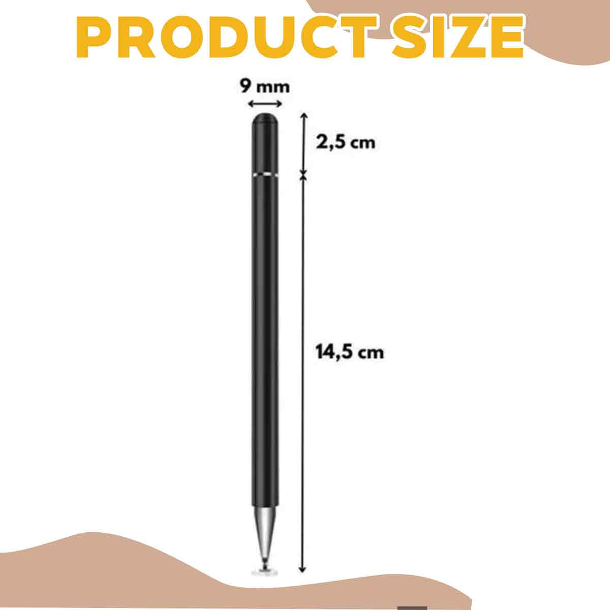 Ein schwarzer Stift mit Maßangaben: 9 mm Breite, 2,5 cm und 14,5 cm Länge.