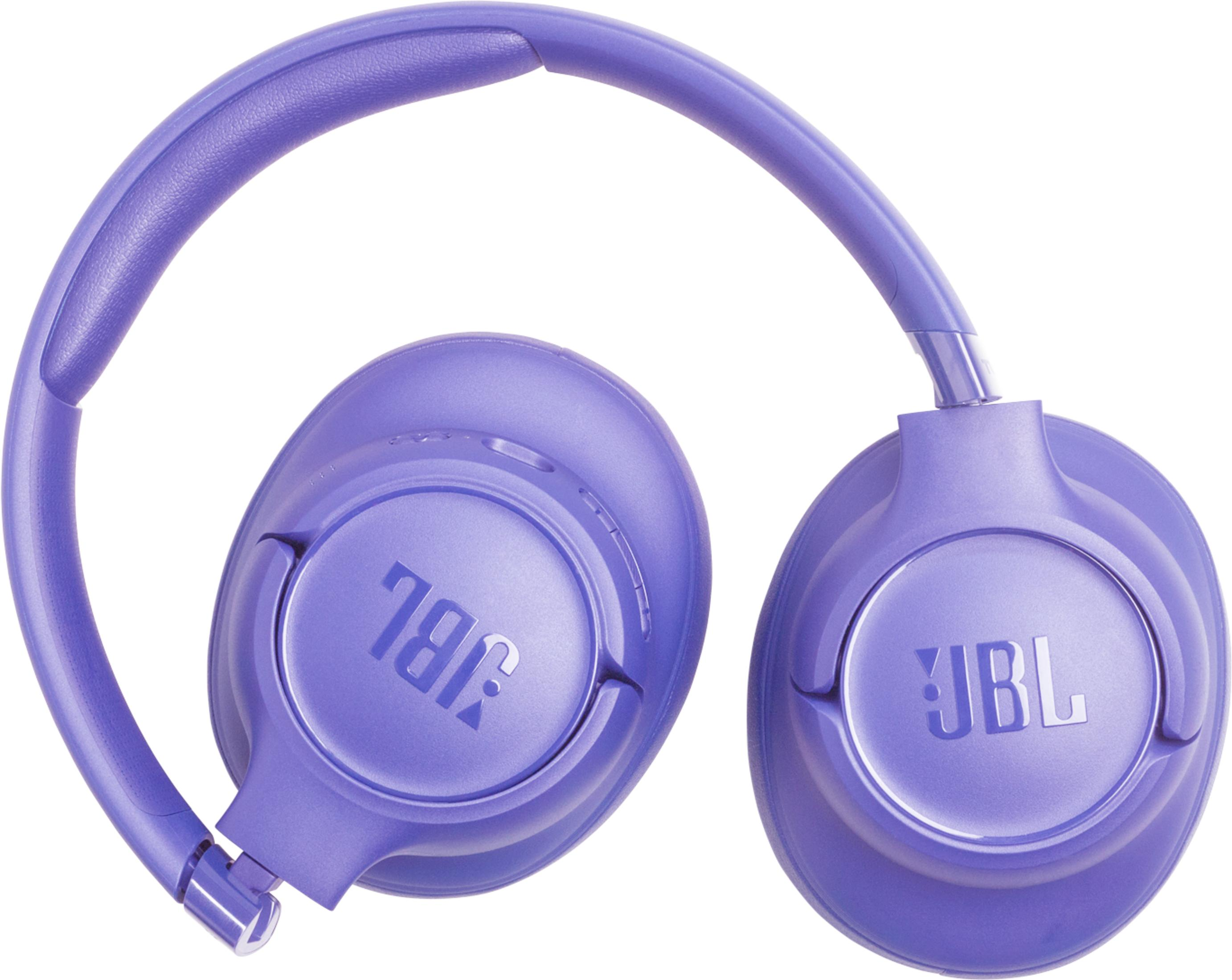 Lila JBL-Kopfhörer mit gepolstertem Kopfbügel und Ohrpolstern.