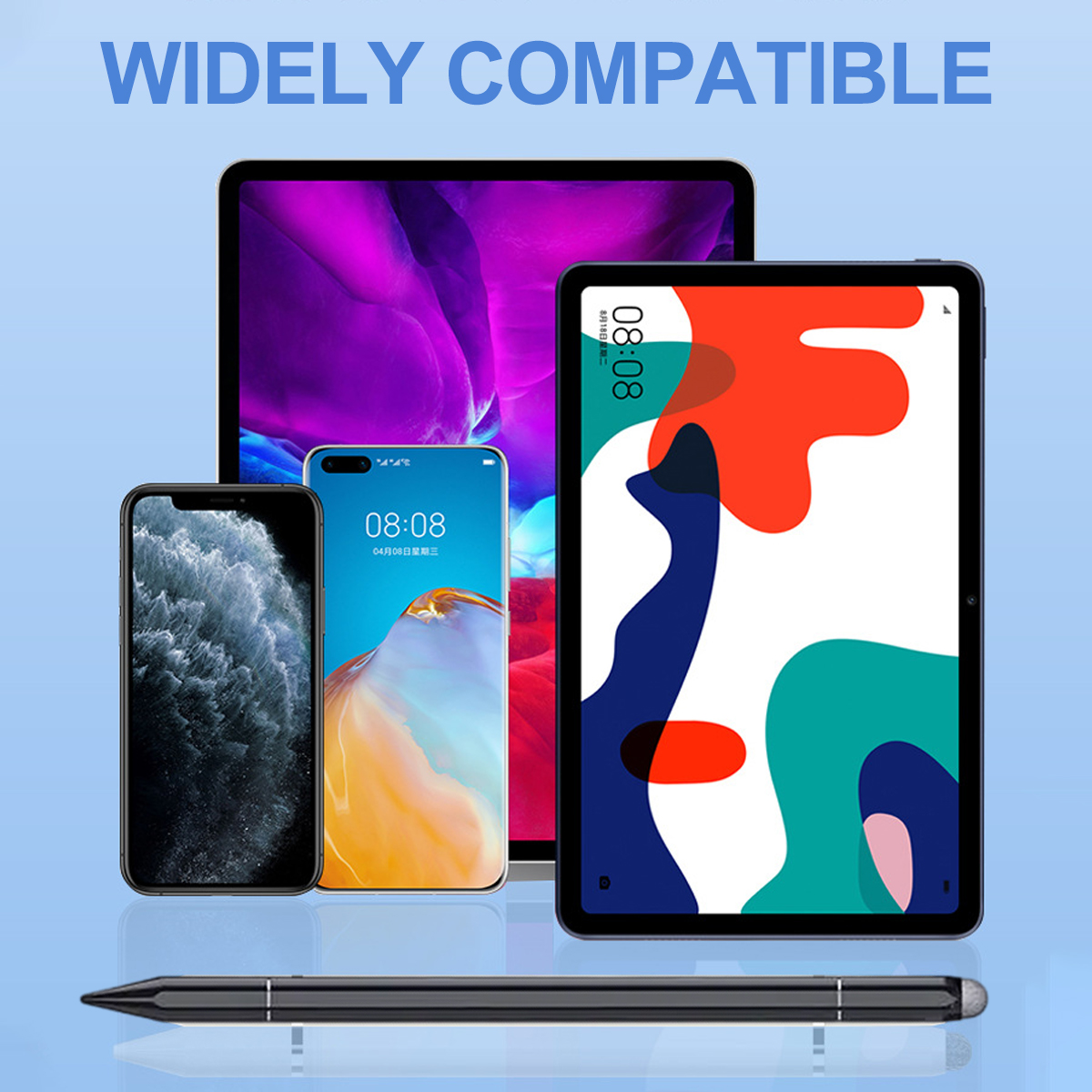Ein schwarzer Eingabestift liegt vor vier Geräten: zwei Smartphones und zwei Tablets.