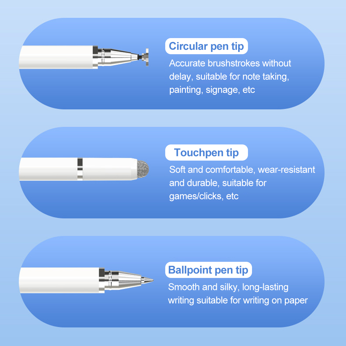 Drei Stiftspitzen: Rund, Touchpen und Kugelschreiber. Für Notizen, Spiele und Schreiben.