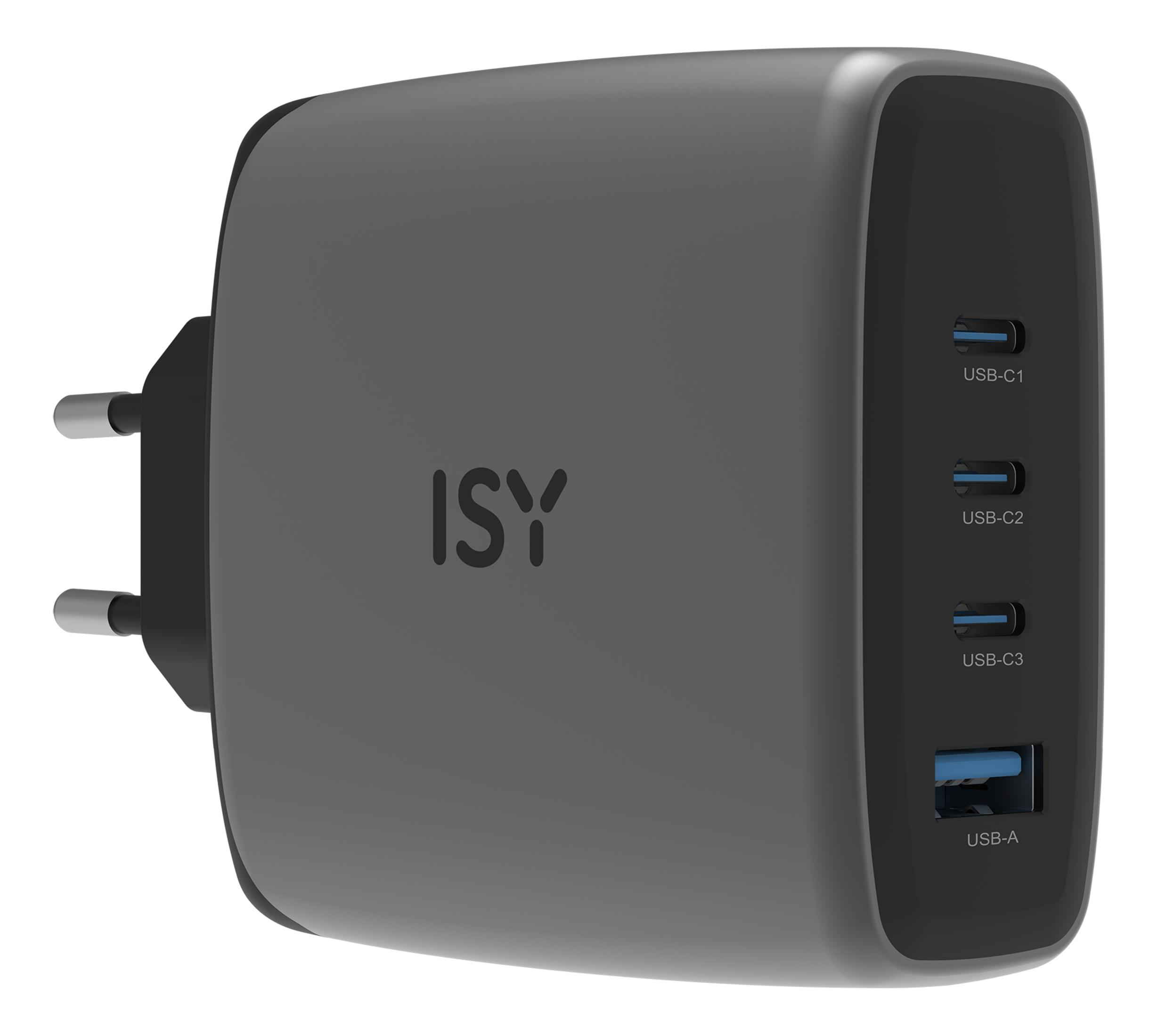 Grauer Netzsteckeradapter mit 3x USB-C und 1x USB-A Anschlüssen.