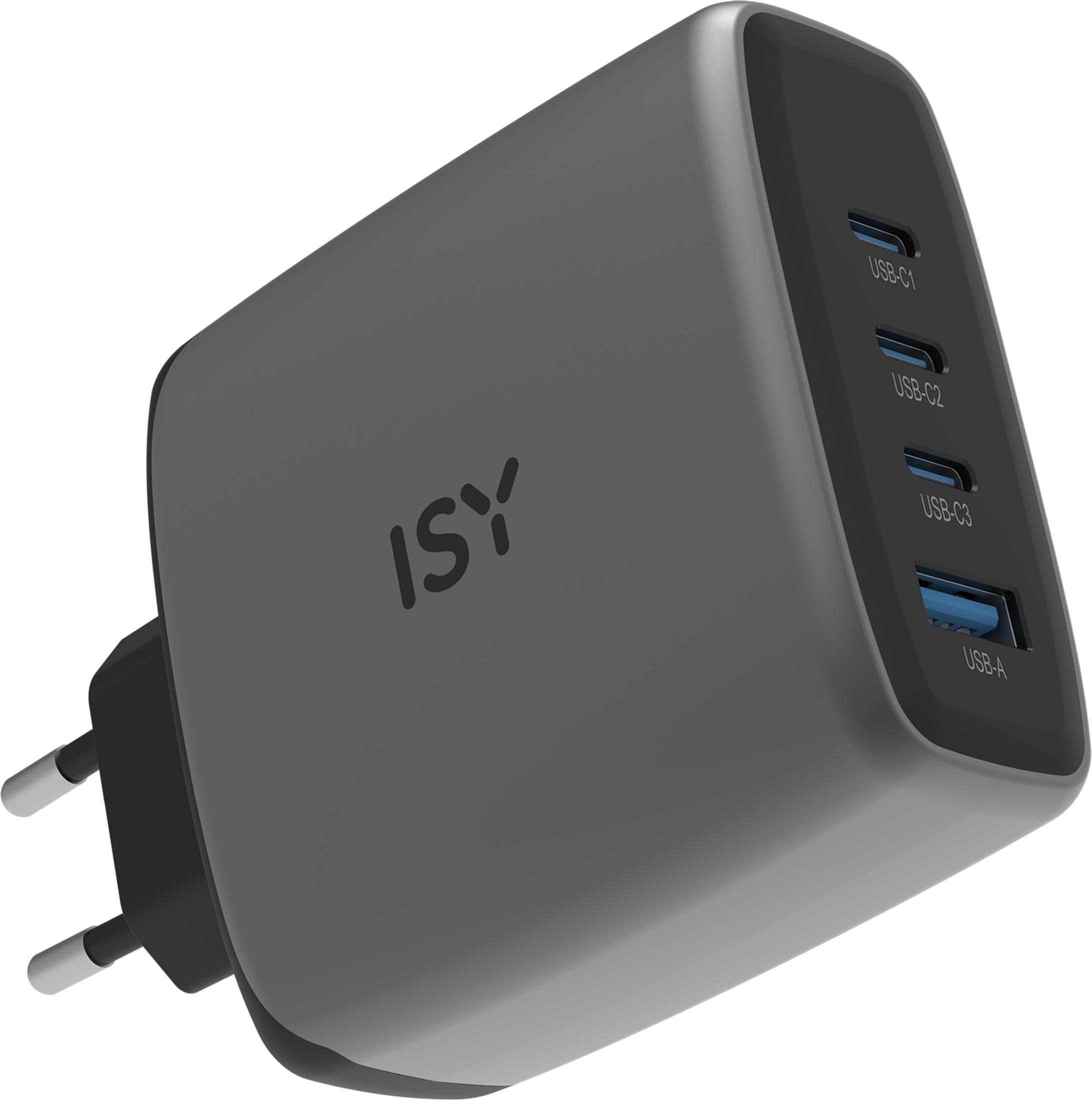 Grauer ISY USB-C Ladestecker mit drei USB-C und einem USB-A Anschluss.