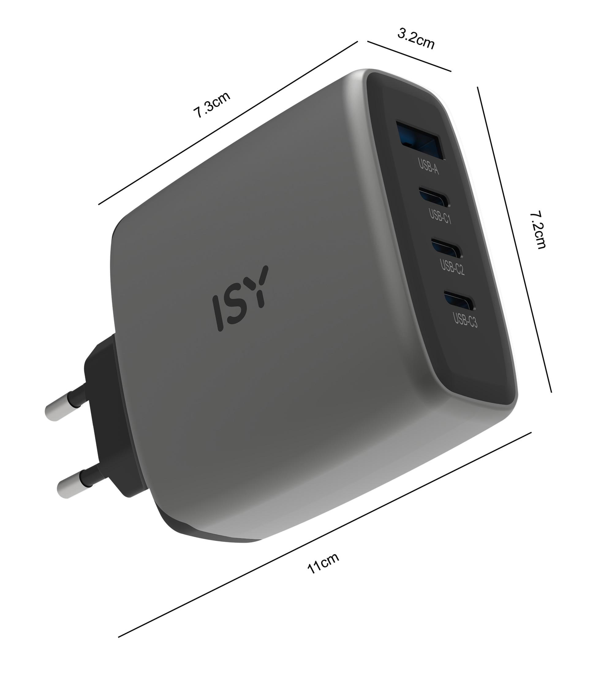 Graues ISY-Ladegerät mit USB-A-, USB-C1-, USB-C2-, USB-C3-Anschlüssen. Maße angezeigt.