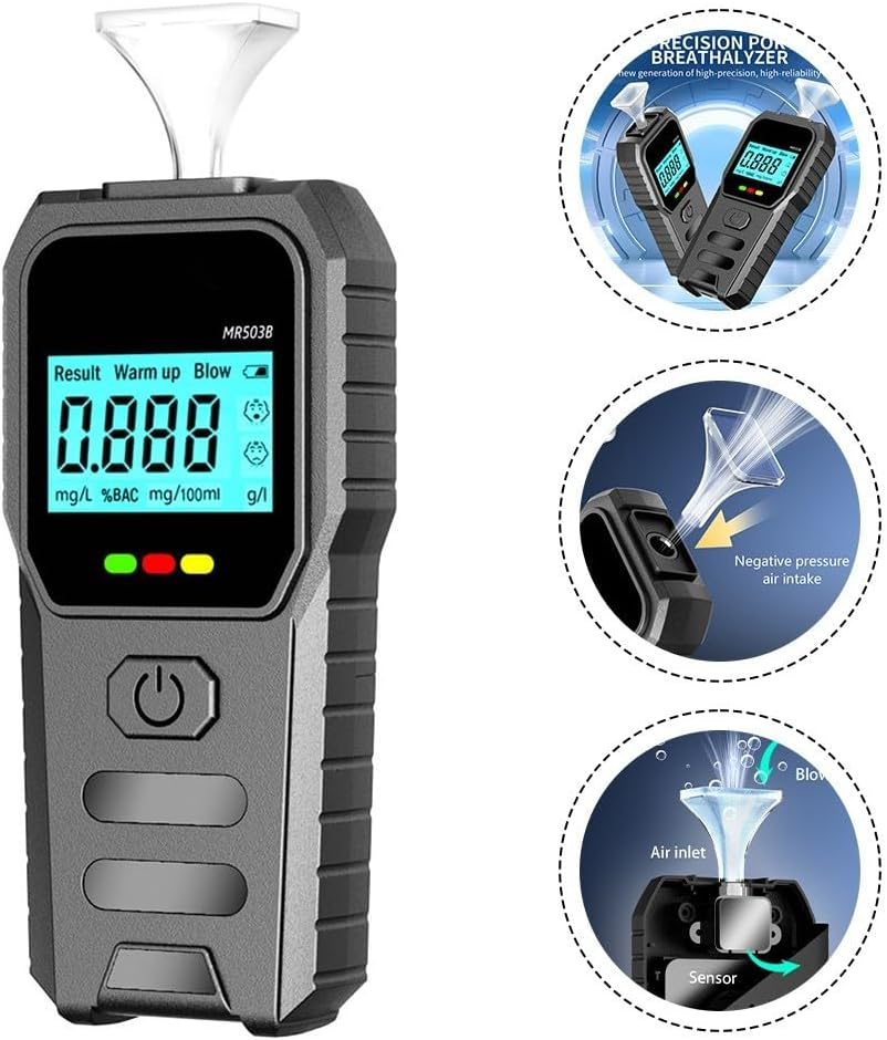 Digitaler Alkoholtester mit Display, das 0.888 anzeigt. Zeigt Luftansaugung und Sensor.