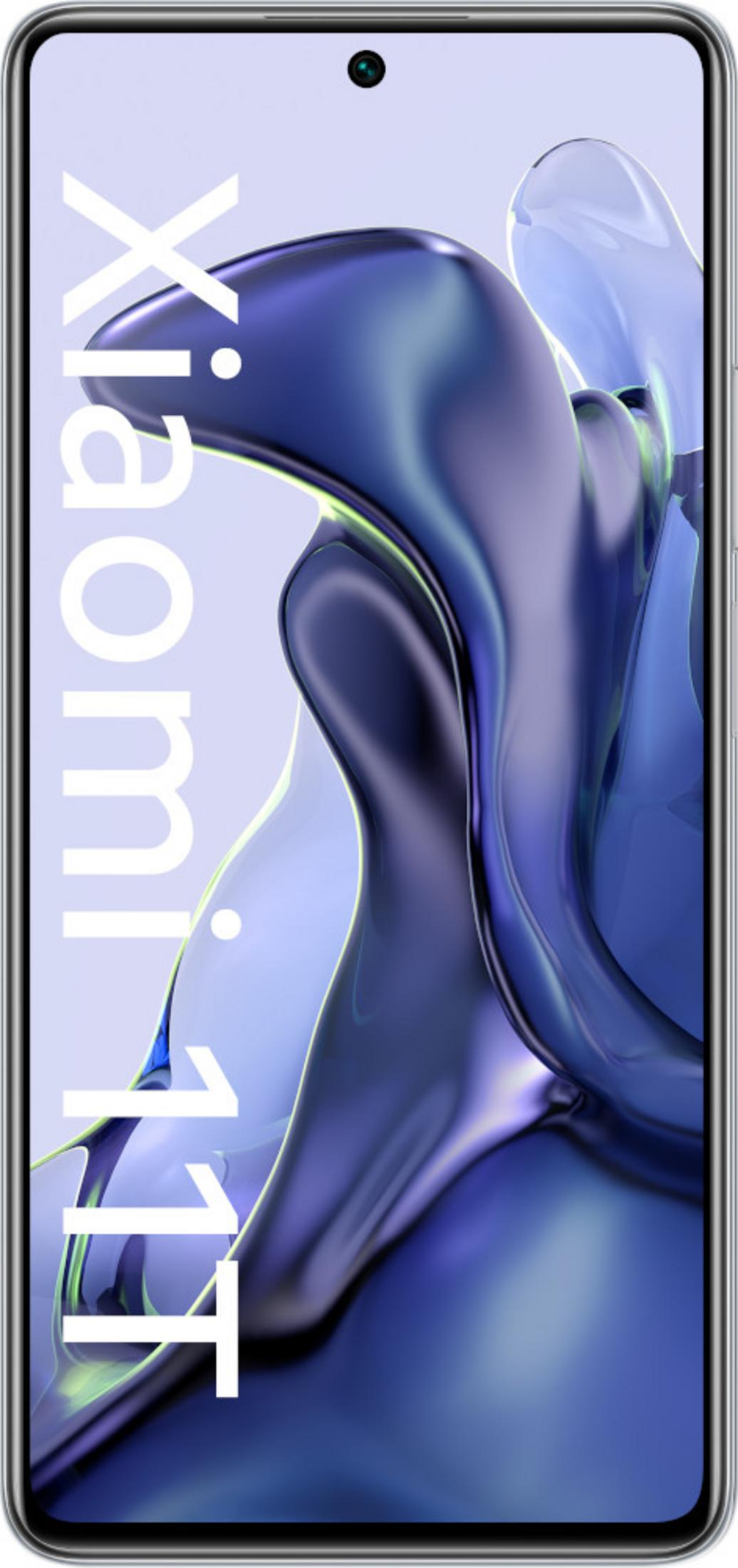 Een smartphone met "Xiaomi 11T" tekst over abstracte blauwe graphics.