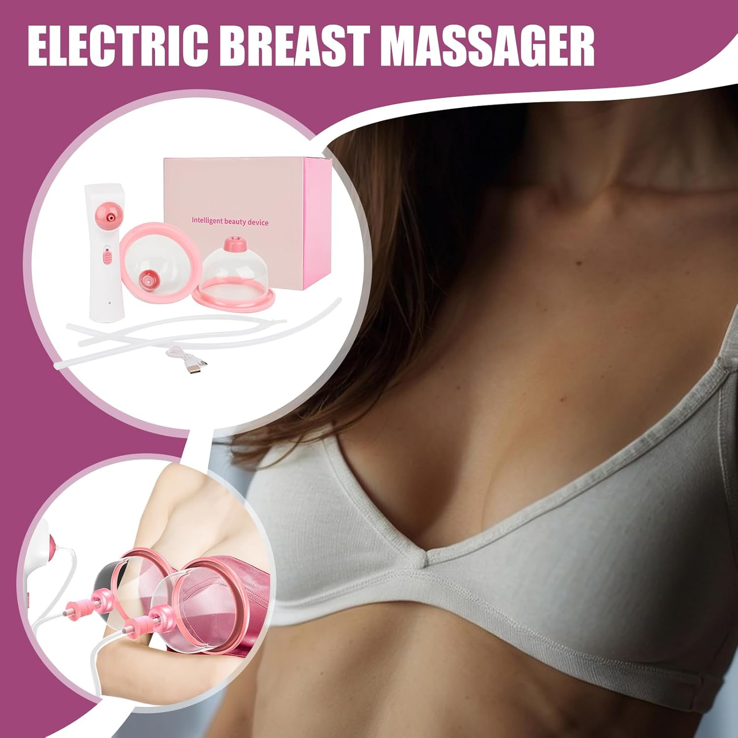Elektrisches Brustmassagegerät-Set mit Bechern, Pumpe, Box und Ladekabel.