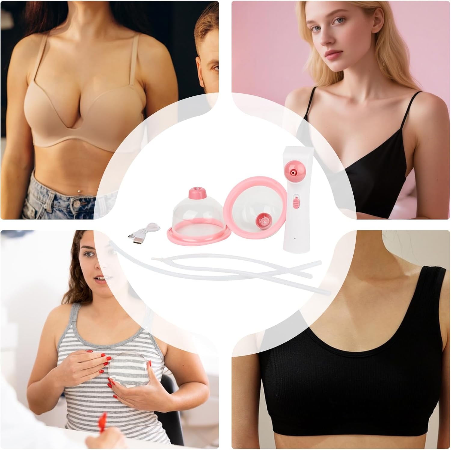 Collage von Frauen in BHs und Brustpumpen-Kit.