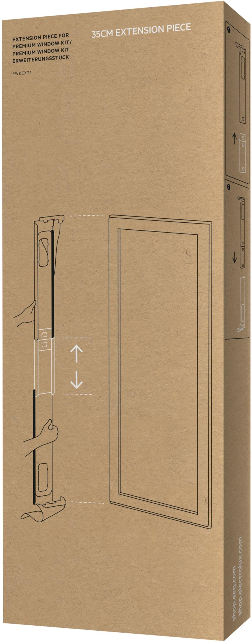 Verpackung mit Montageanleitung für ein 35cm Verlängerungsstück für ein Fensterkit.