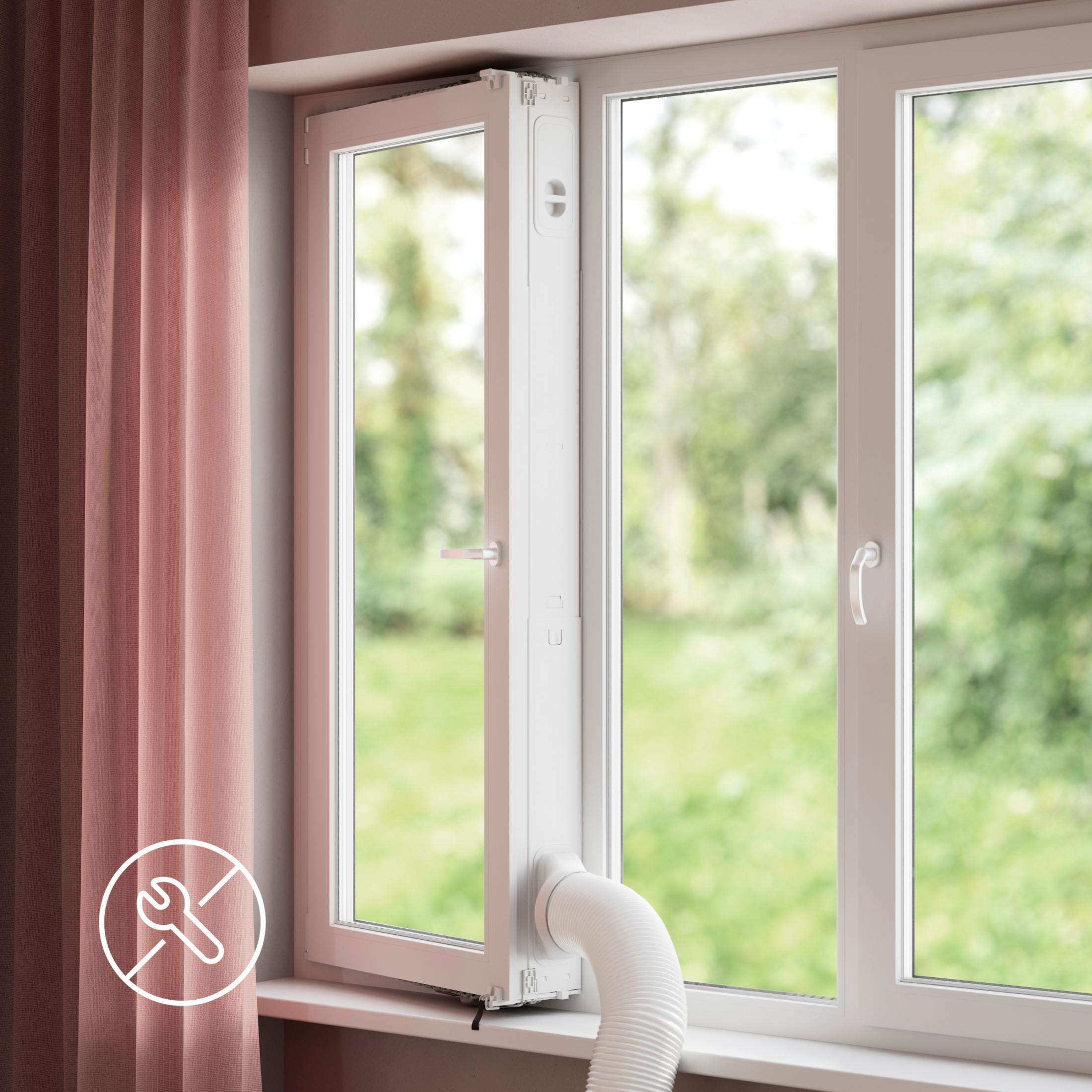 Ein Fenster mit einem weißen Schlauchadapter und einem Werkzeugsymbol ohne Werkzeug.