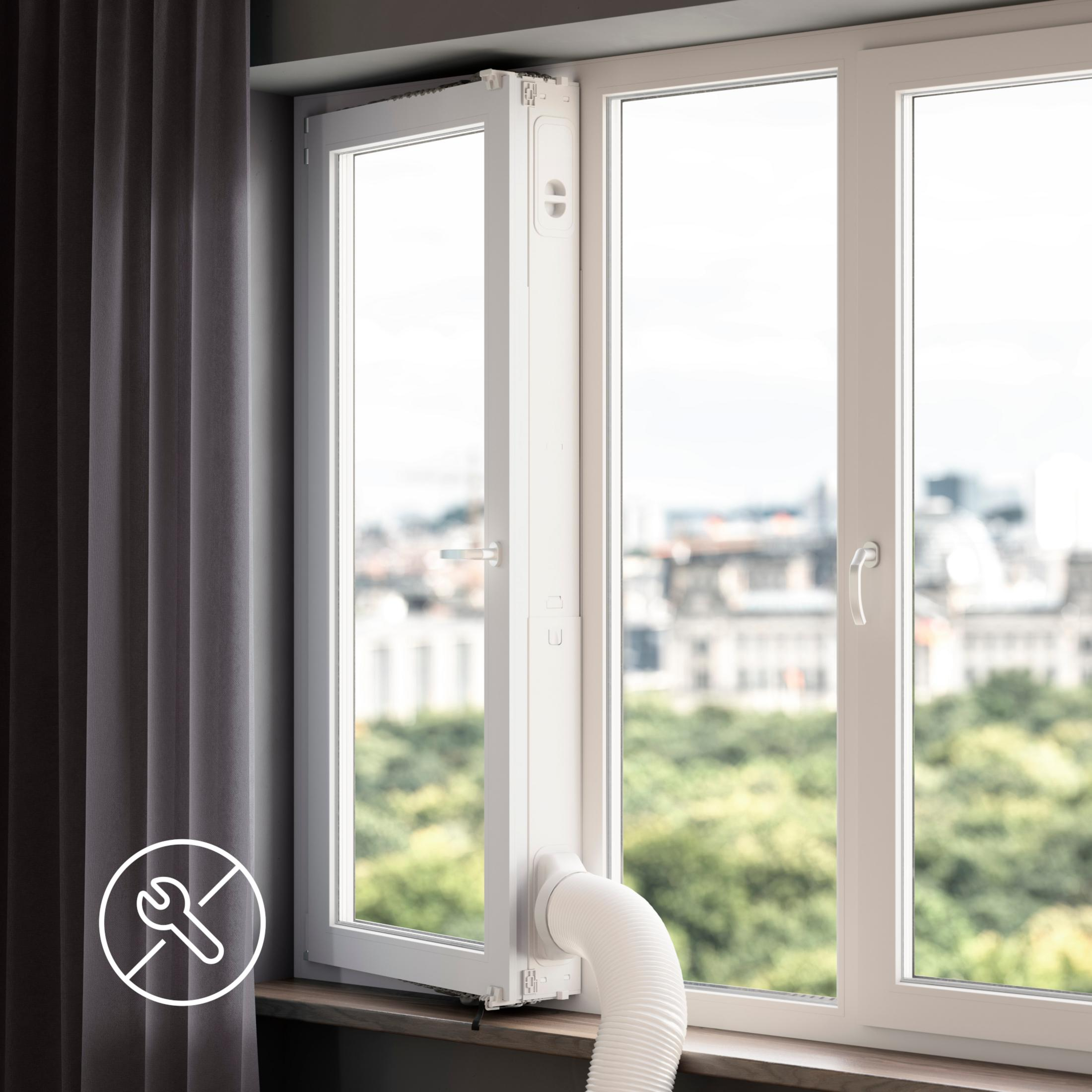 Fenster mit Klimaanlagenschlauch, Werkzeugsymbol durchgestrichen.