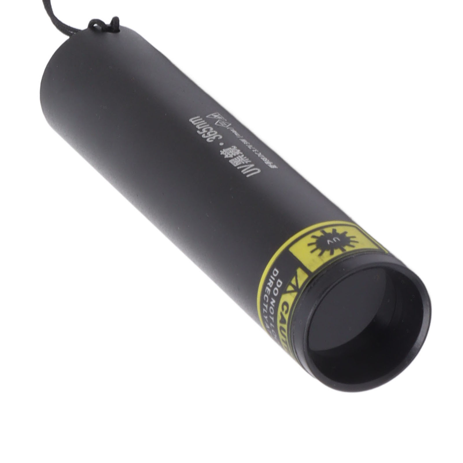 Schwarzer UV-Stift mit 365nm Beschriftung und gelbem Warnhinweis.
