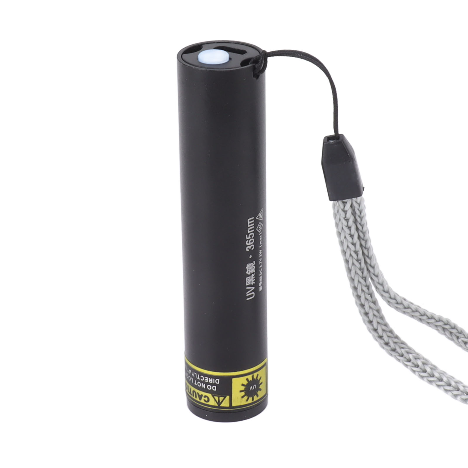 Schwarzer UV-Taschenlampe mit Lanyard, 365nm, Warnhinweis.